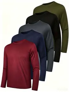 Men's Round Neck Long Sleeve T-Shirt Set, Casual Knitted Polyester Top, Moisture-Wicking Breathable, All Seasons Basic, Flag Print Knitwear