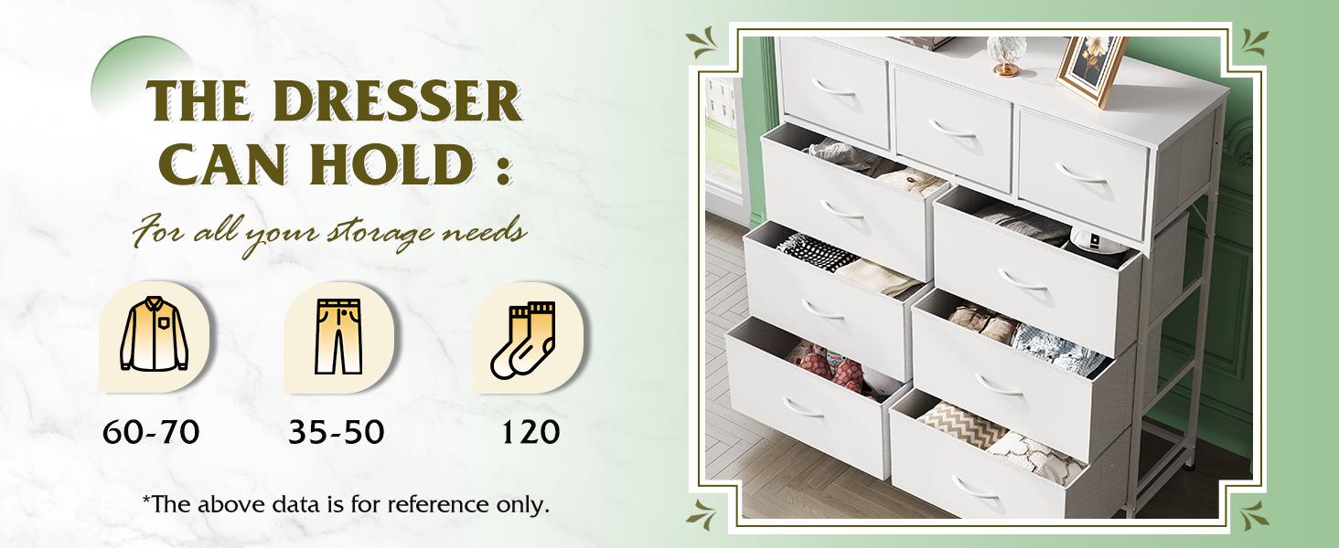 9-Drawer Dresser Organizer with Fabric Bins, Sturdy Steel Frame & Wood Top - Space-Saving Storage Tower for Bedroom, Closet, Hallway, Nursery - Easy Pull Handles, Modern White Design, Perfect for Home Organization
