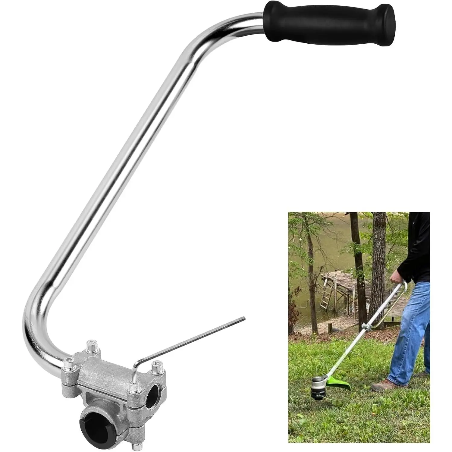 Weed Eater Handle Extension - Aluminum Ergonomic Weed Eater Attachments | Trimmer Grip, Weedeater Handle with Bracket Clamp for Lawn Care Landscaping Yard Trimming Accessories, Silver