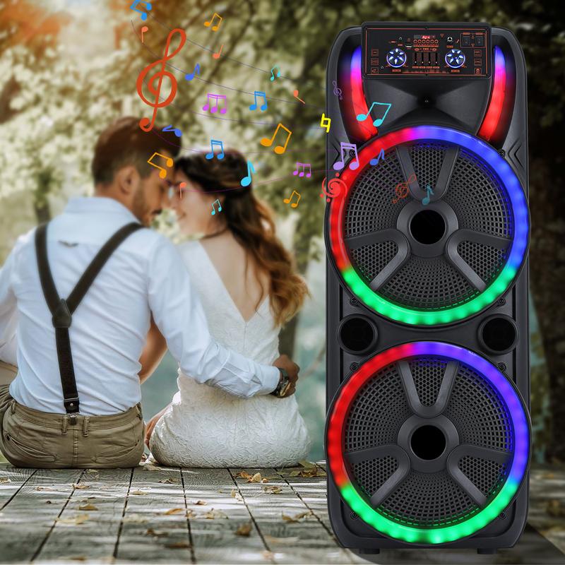 Dual 15 inch Karaoke Speaker System W/ 2 Microphone Portable Party Box Loud Big Speaker Wireless Bluetooth Stereo Rechargeable Remote Control LED Lighting Dual 15 inch Karaoke Speaker System W/ 2 Microphone Portable Party Box Loud Big Speaker Wireless Bluetooth Stereo Rechargeable Remote Control LED Lighting