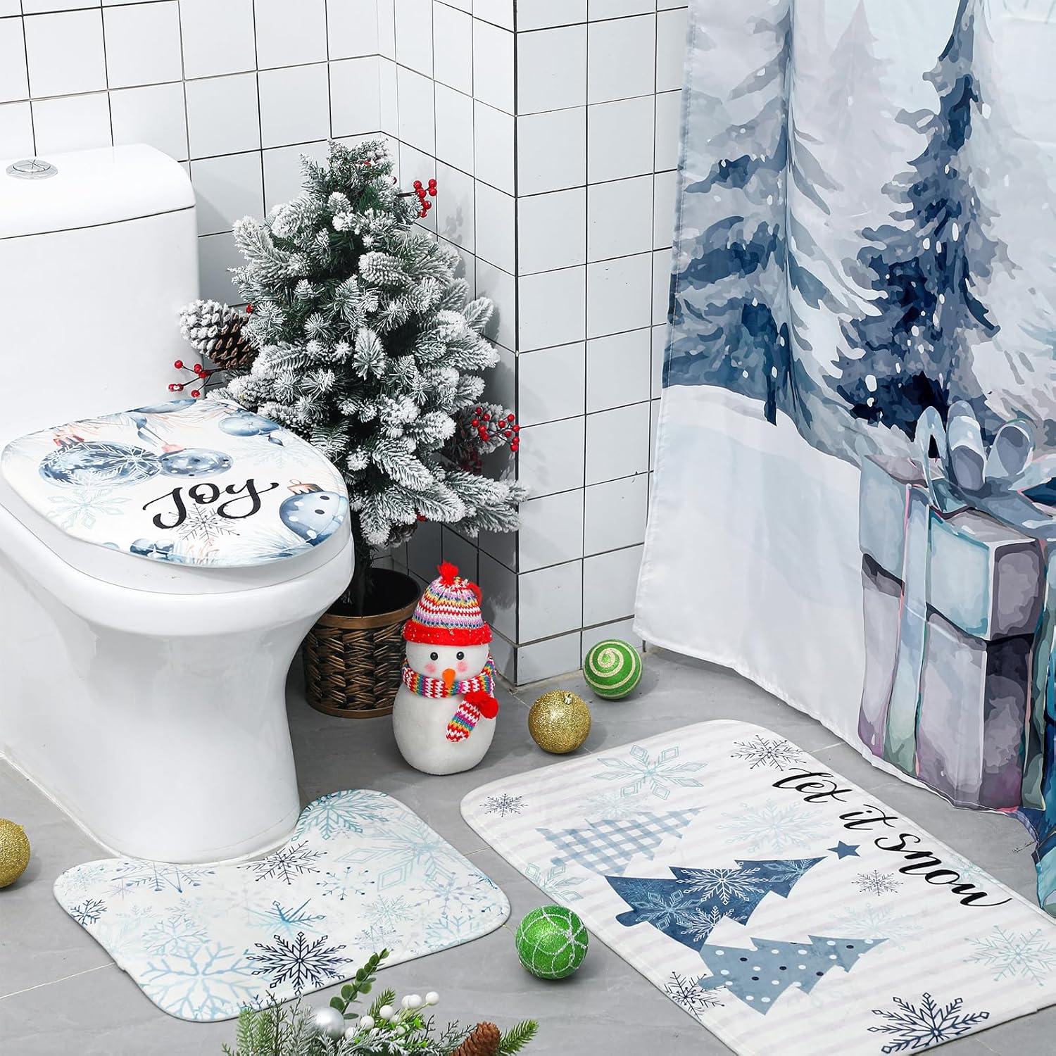 4 Pcs Christmas Shower Curtains Set with Non Slip Rug Winter Christmas Bathroom Decor Toilet Lid Cover and Bath Mat Snowman Shower Curtain with 12 Hooks for Xmas Bathroom Decor
