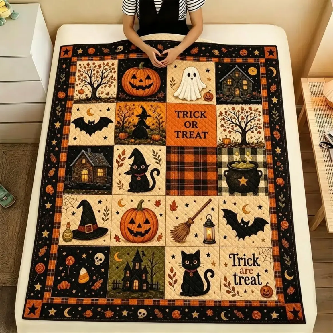 Modern American Patchwork Plaid Halloween Flannel Throw Blanket for Adults and Kids, Pumpkin Black Cat Ghost Vintage Autumn Digital Print Craft, Soft Comfortable Cover for Sofa Bed Travel Office Home Decor, Blankets and Bedding