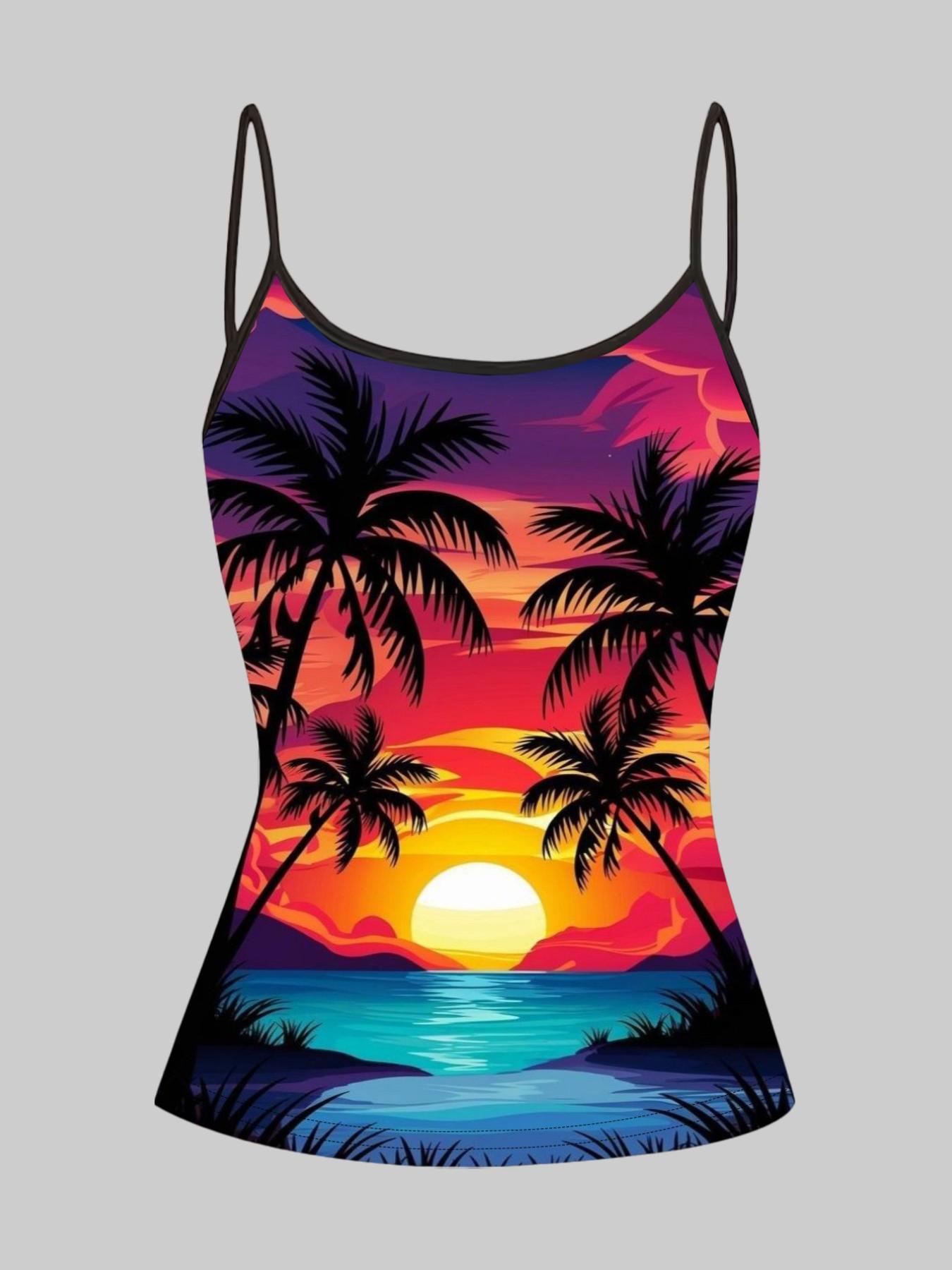 Beach Sunset Palm Tree Print Straps, Summer Home Sleepwear Outer Wear, Unique Slim Fit Top Set of Four Pieces