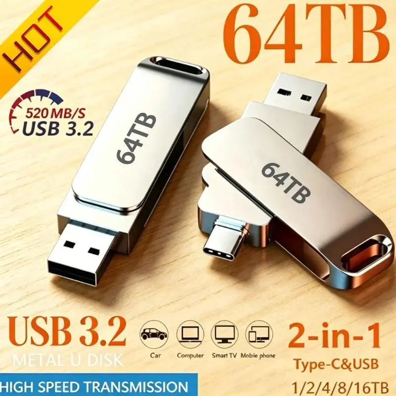 64TB USB 3.2 Flash Drive High Speed 2TB USB Transfer Type-C 2-In-1 16TB OTG Pendrive Waterproof Flash Disk For Computer Storage