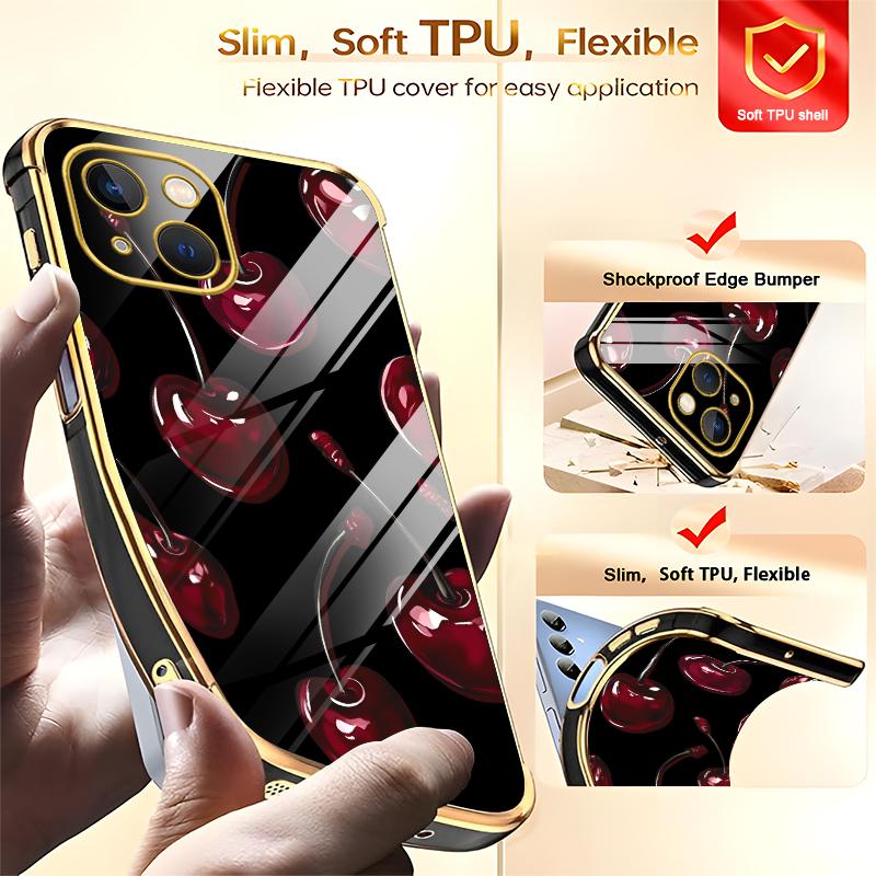 Vintage Cherry Coquette Phone Case, Glossy Dark Fruit Aesthetic, Gold Edges, Soft Cover for iPhone 15 — 975