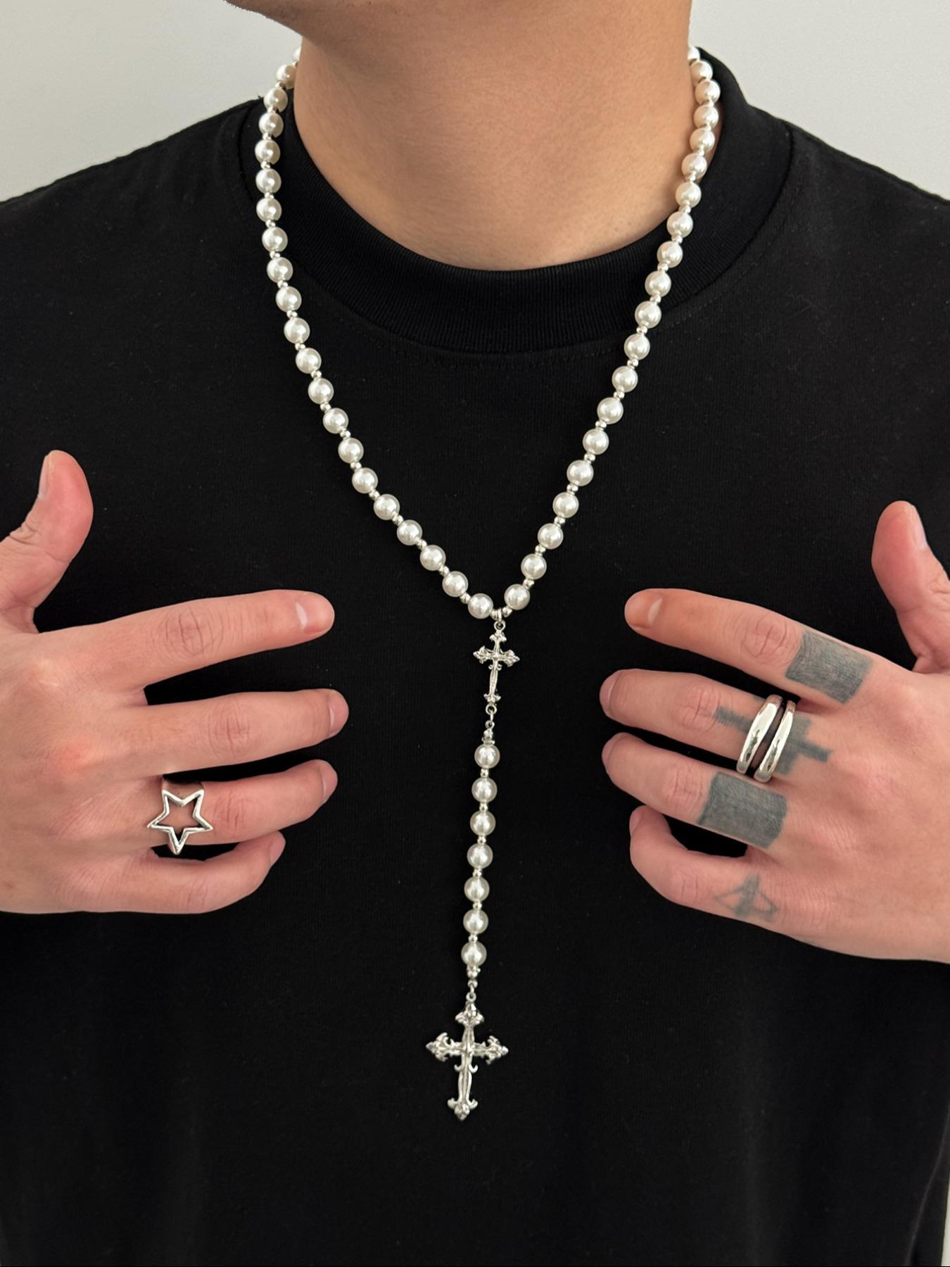 American Vintage Cross Pearl Y-Shape Necklace, Antique Silver Color Pendant, Hip-Hop Men's Accessory, Subculture Fashion Jewelry