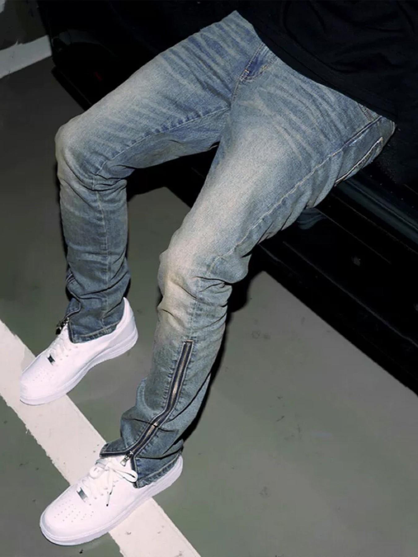 Men's Y2K Street Fashion Light Blue Distressed Jeans | Slim-fit Jeans with Ankle Zippers, Millennium Street Style Denim Pants, Essential for Urban Street Fashion