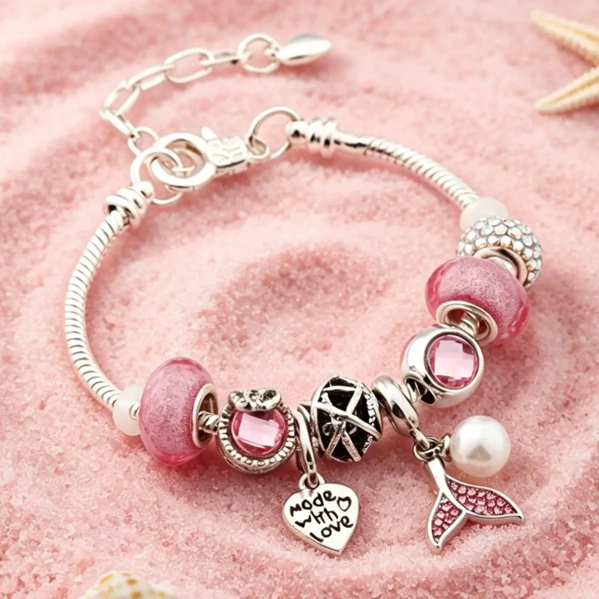 Classic Pink Crystal Marine Life Charm Bracelet DIY Mermaid Heart Flower Ball Beaded Bracelets Adjustable Jewelry for Beach Gift