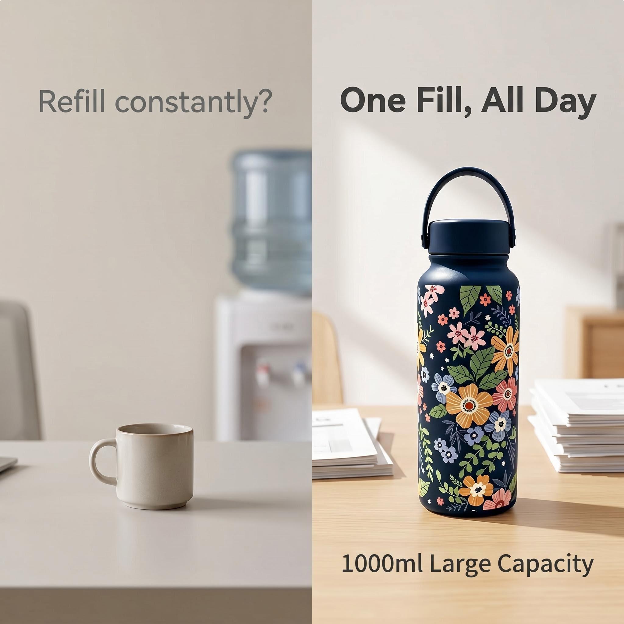 1000ML Floral 3D Print Insulated Cup, Ice Coffee Tumbler, Dual Layer Stainless Steel, Long-Lasting Heat/cool Retention, Portable Water Bottle for Outdoor Activities