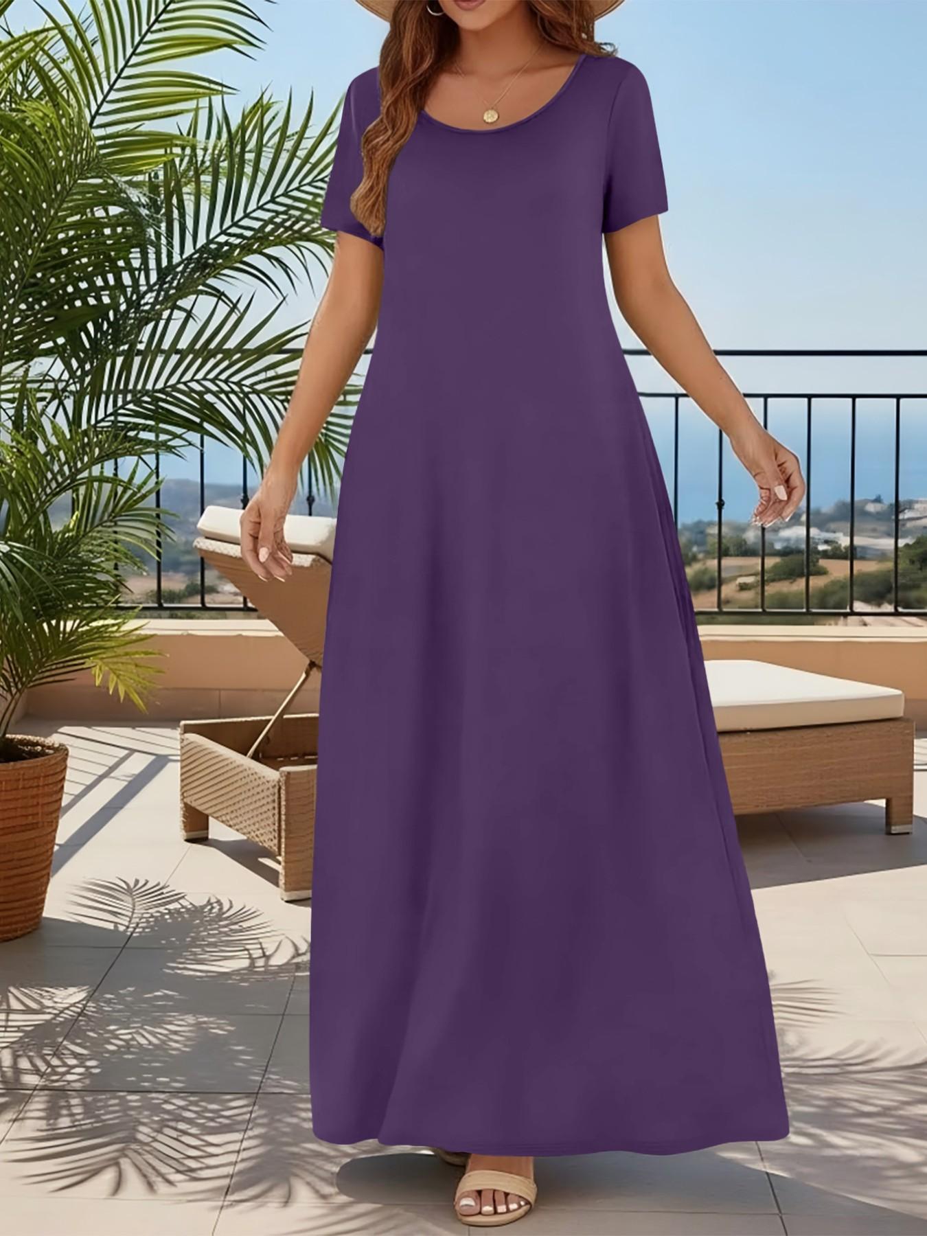 Women's Casual Commuter Plain Minimalist Short Sleeve Dress with Pockets, Loose Fit Summer & Fall, Essential Beachwear Women's Casual Commuter Plain Minimalist Short Sleeve Dress with Pockets, Loose Fit Summer & Fall, Essential Beachwear