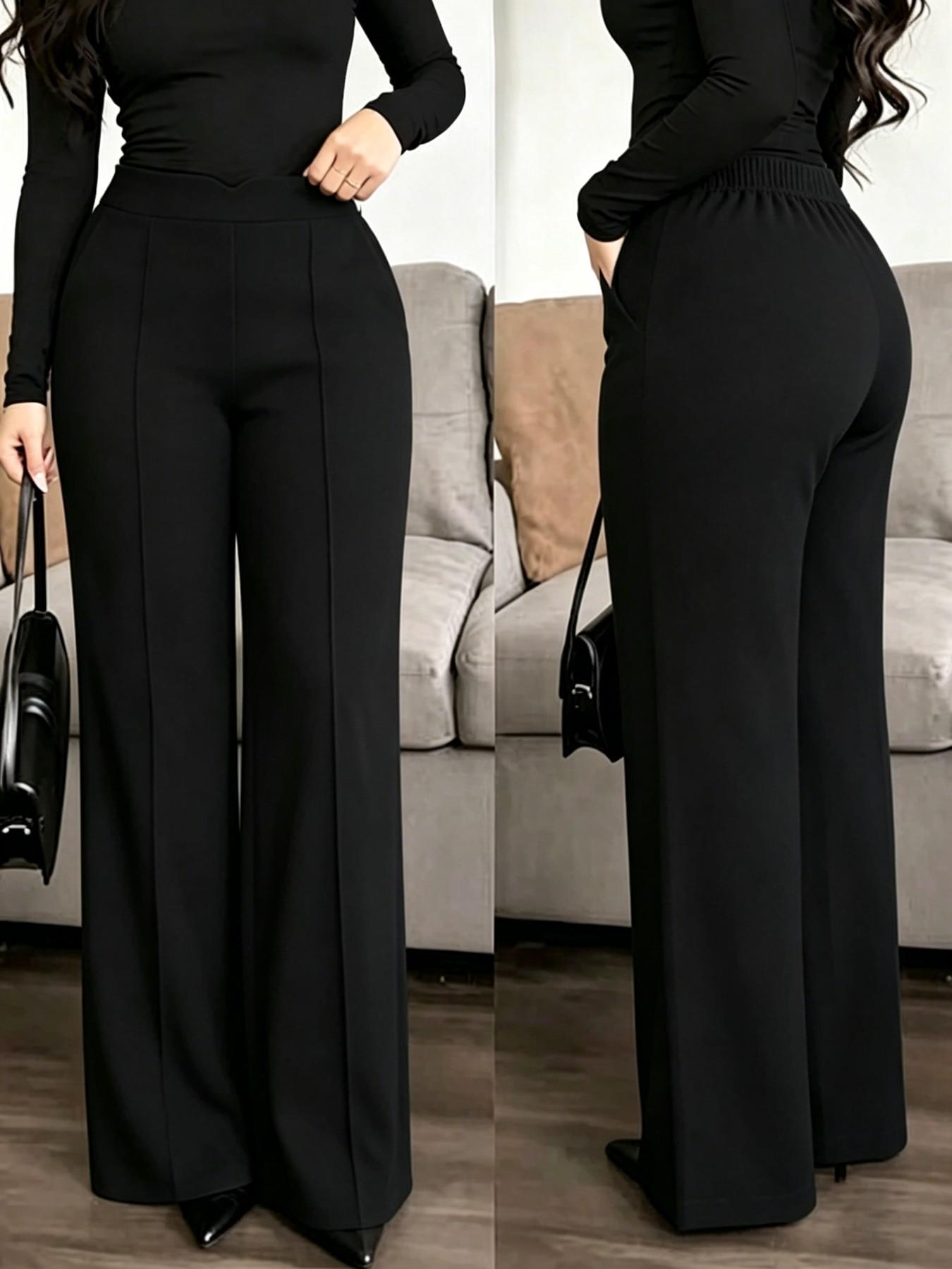 High-Waisted Flowy Wide-Leg Suit Pants, Lightweight Office Style, Elastic Waist Back, Slimming Mid-Split, Plus Size Women's Casual Business Wear