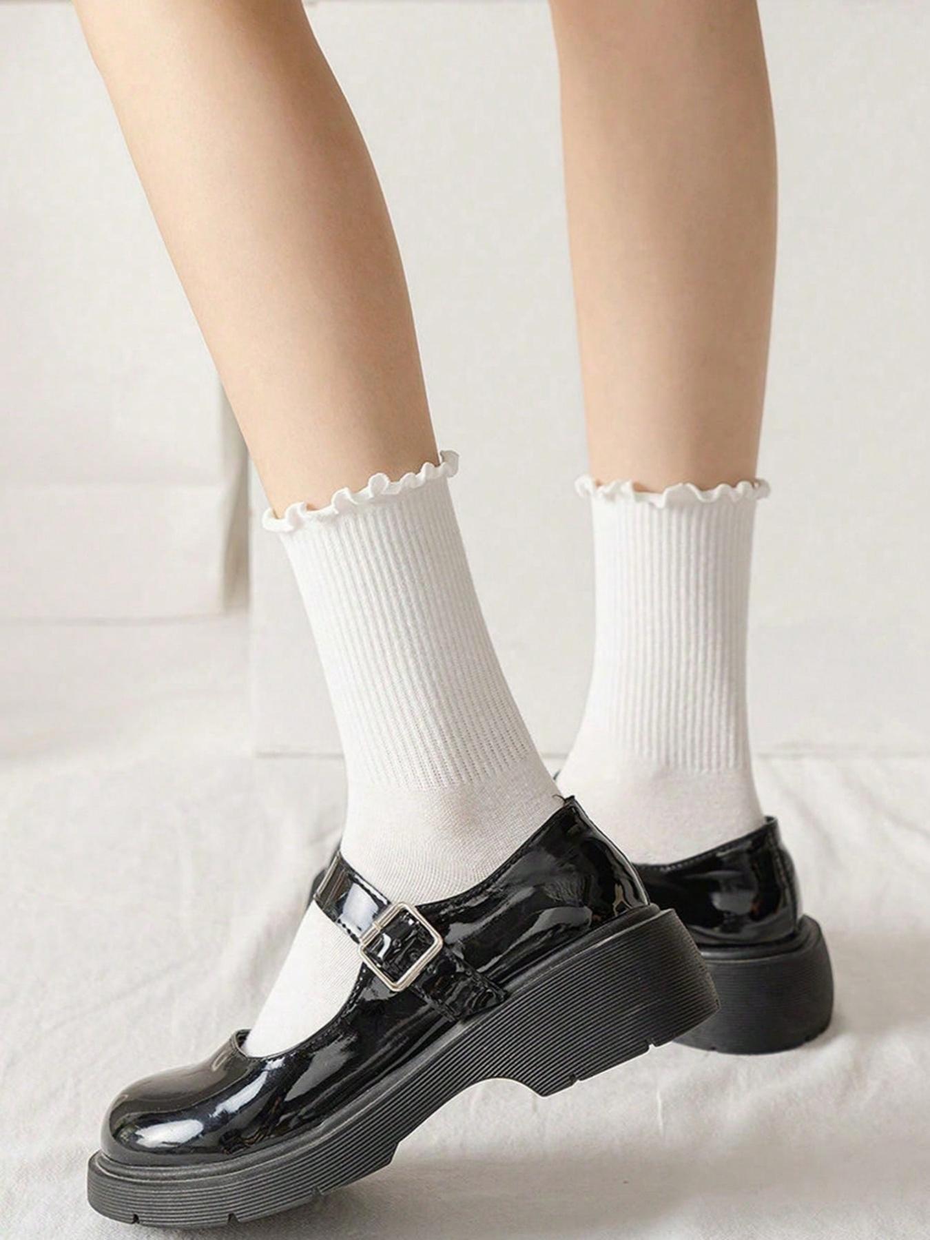 10 Pairs Women's White Frill Trimmed Casual Mid-Calf Socks, Women's Casual Crew Socks, Comfort Breathable Sports Socks, Basketball Socks, White Socks, Couples' Socks, Womenswear, Moisture Wicking, Anti Bacterial, Anti Stink, Suitab