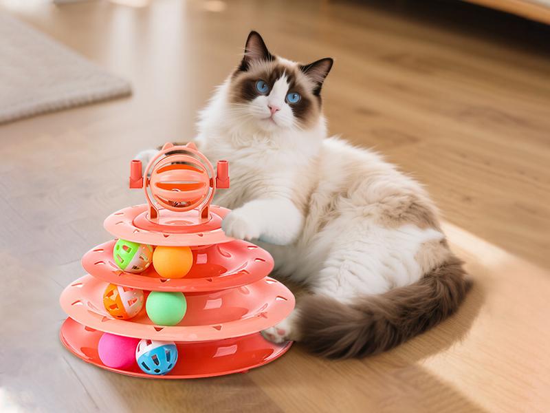 Cat Toys 4-Tier Roller Track,Turntable Cat Tower Toy with Colorful Chase bell Balls,Multi-Level Cat Toys for Bored Cats,Fun Kitten Exercise Toys Self Play