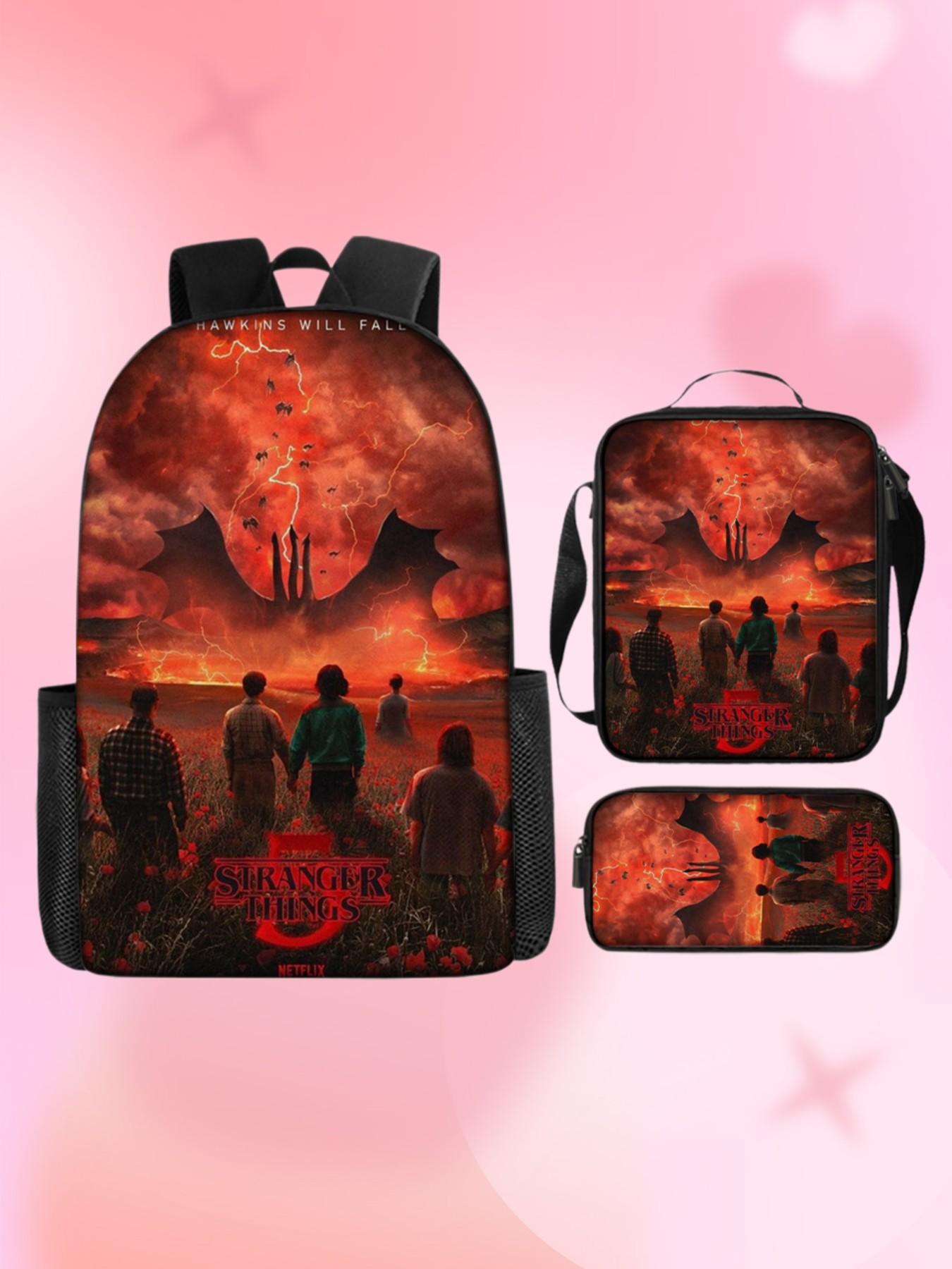 3pcs Stranger Things Season 5 Backpack Set, Hawkins Will Fall Print School Bag, Lunch Bag, Pencil Case, Netflix Series Daypack for Teens