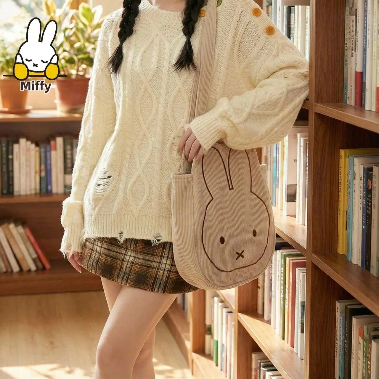 Miffy Totter Bag Kawai Large Capacity Fur Shopping Bag Stylish Fall Winter Multi-Purpose Shoulder Bag for Girls