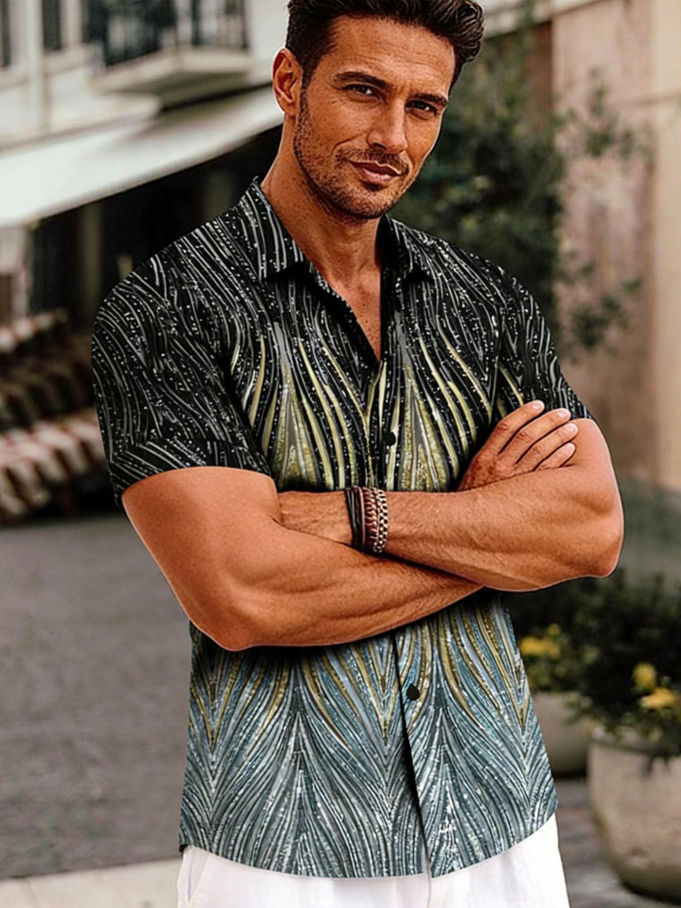 Men's Gradient Wave Gold Foil Print Short Sleeve Shirt, Summer Casual Vacation Style Collar Open Front Jacket, Trendy Unique Floral Blouse