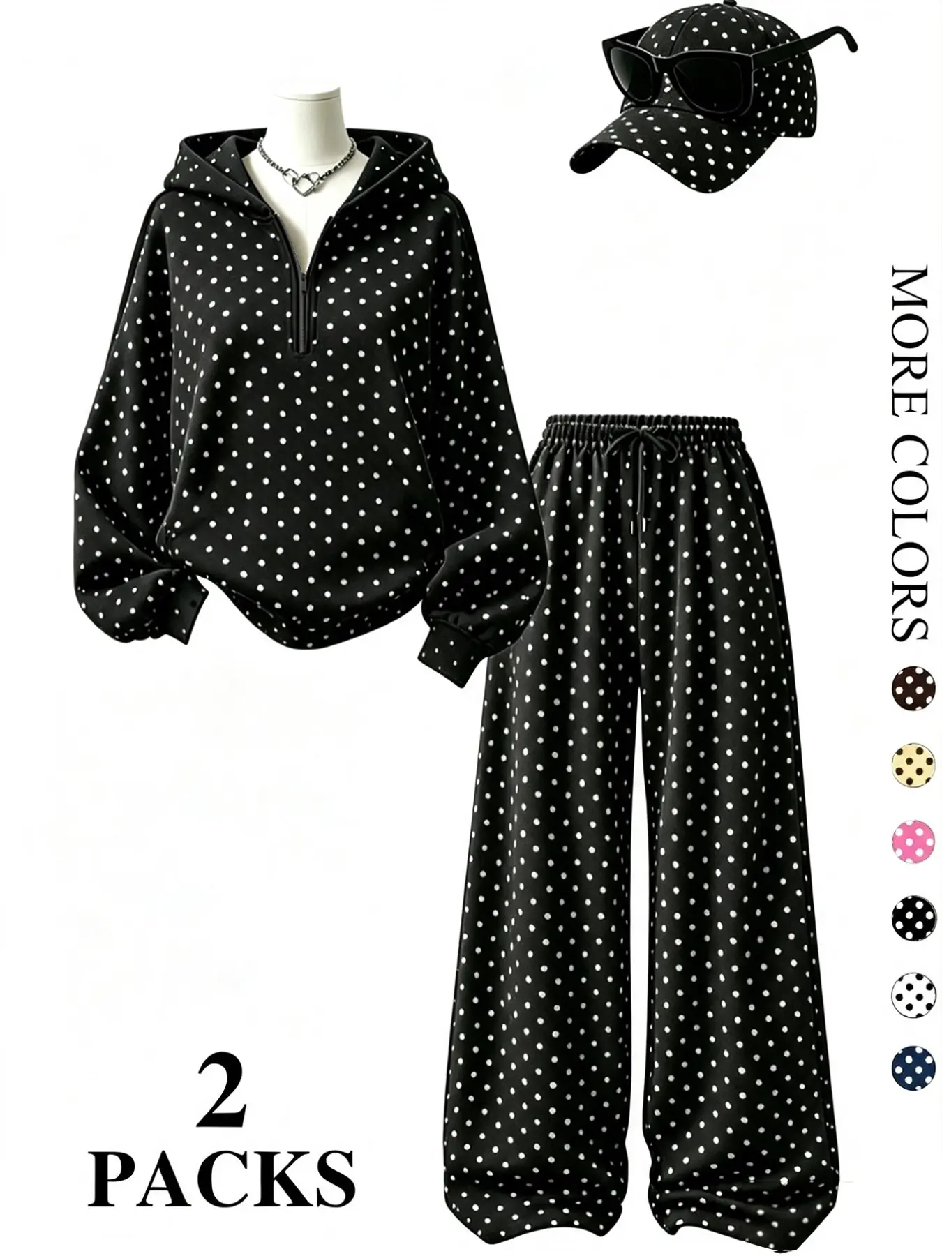 Women's Y2K Polka Dot Fleece Two-Piece Set, Vintage Loose Fit Hoodie, Warm Drawstring Pants, Fall Winter