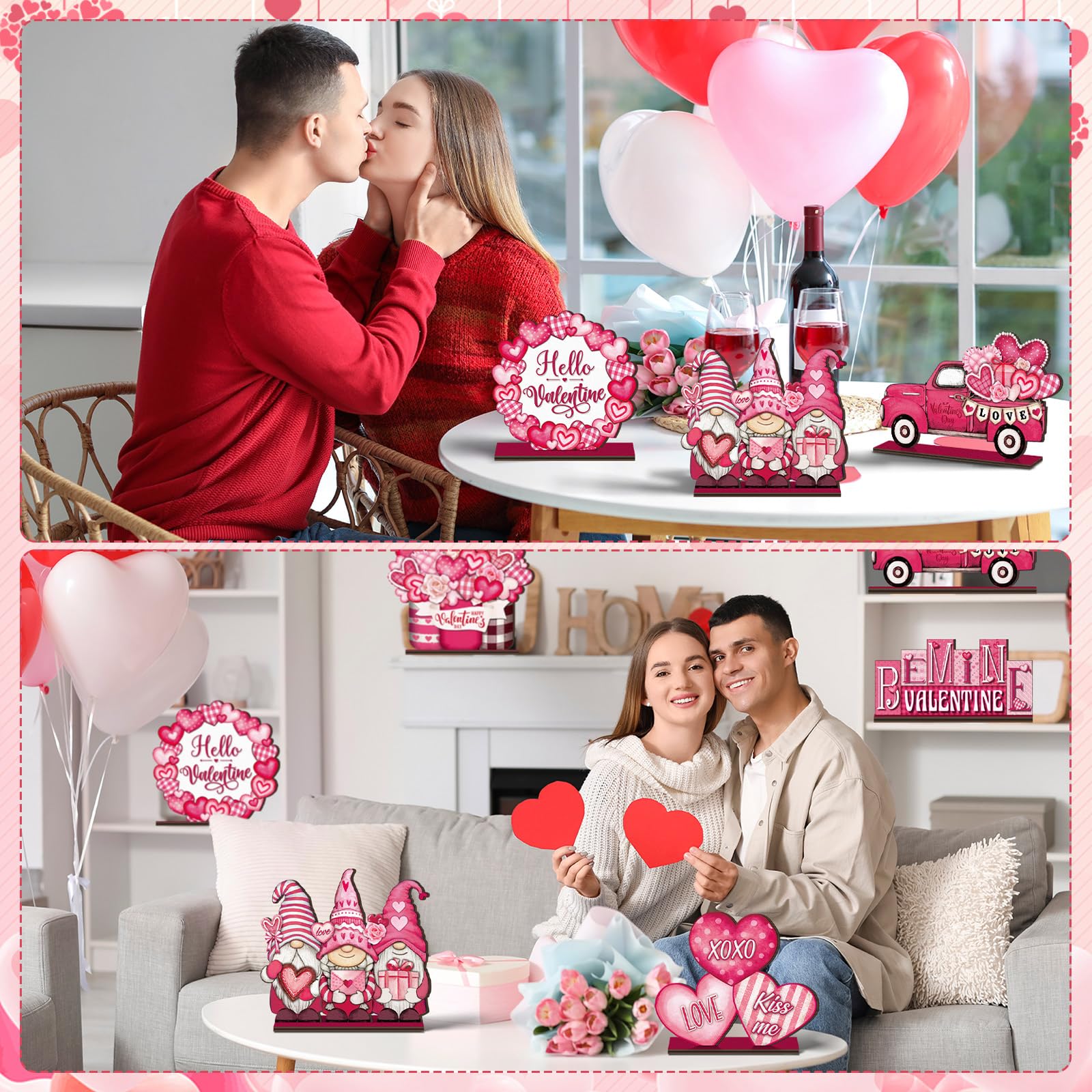 St. Patrick's Day & Valentine's Day Reversible Gnome Wood Signs, Double Sided Irish Theme Wooden Standing Blocks & Love Car Rose Truck Heart Decor, Table Centerpiece for Tiered Tray Farmhouse Kitchen, Ideal for Irish Families, Gnome Lovers & Couples Gift