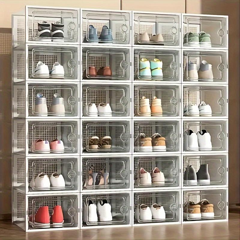 24 pcs thickened transparent storage shoe box with lid, foldable stacked shoe storage box, durable shoe box is suitable for all kinds of shoe types, ideal for home dormitory wardrobes, space-saving shoe racks, Foldable shoe organizer