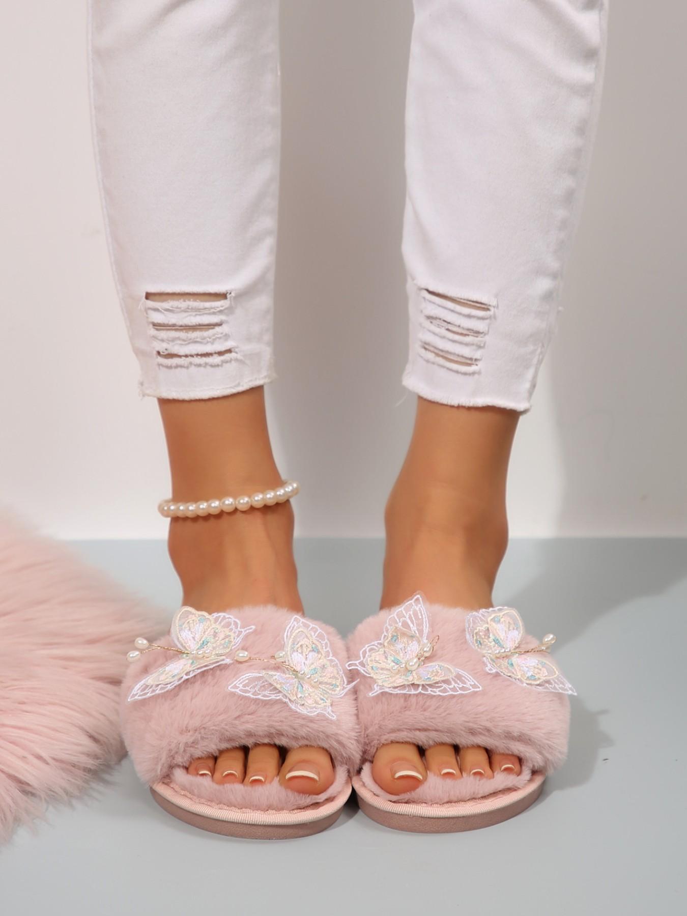 Fashion Soft Sole Comfortable Slippers, Butterfly Decoration, Indoor & Outdoor, Textile Upper, Casual Style, Multi-Functional Shoe