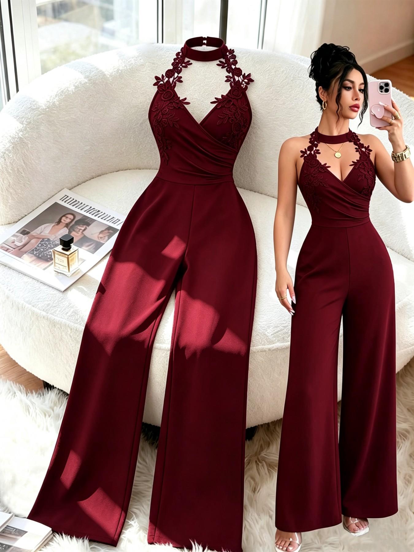 Floral Lace Halter Deep V Cross Back High Waist Bodycon Pants, Sexy & Elegant Design for Dates & Parties, Perfect Fit for Special Occasions
