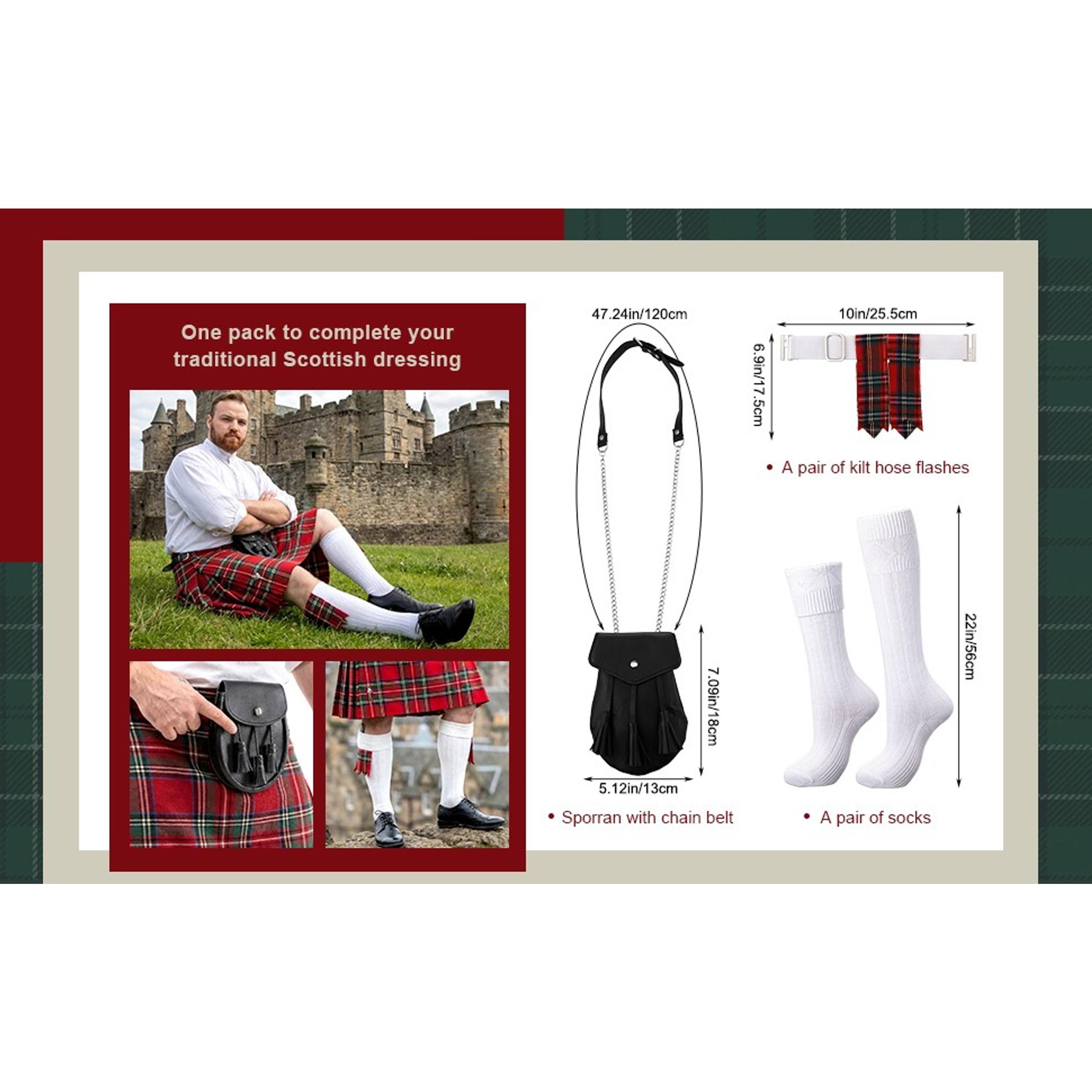 3 Pcs Men Scottish Kilt Accessories Irish Traditional Scottish Socks Tartan Hose Flashes SporranGift