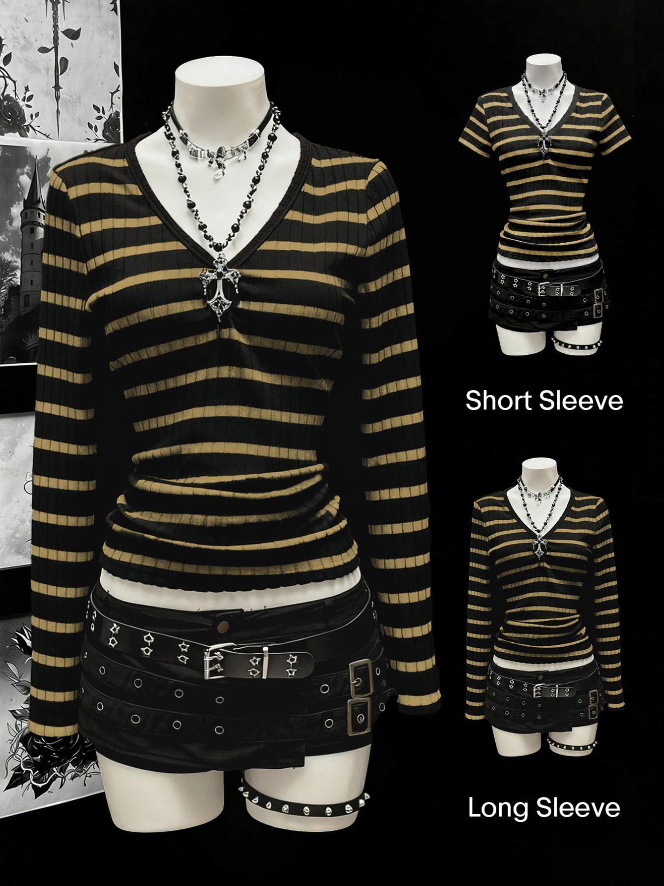 Women's long sleeved and short sleeved T-shirt Casual Gothic style black gray striped V-neck slim fitted knit top, with a close fitting knit material that looks slim and creates a niche Gothic atmosphere.
