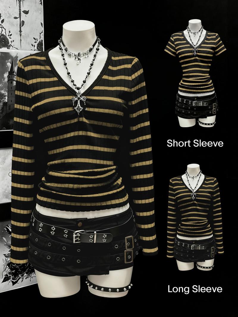 Women's long sleeved and short sleeved T-shirt Gothic style black gray striped V-neck slim knit top, with a close fitting knit material that looks slim and creates a niche Gothic atmosphere.
