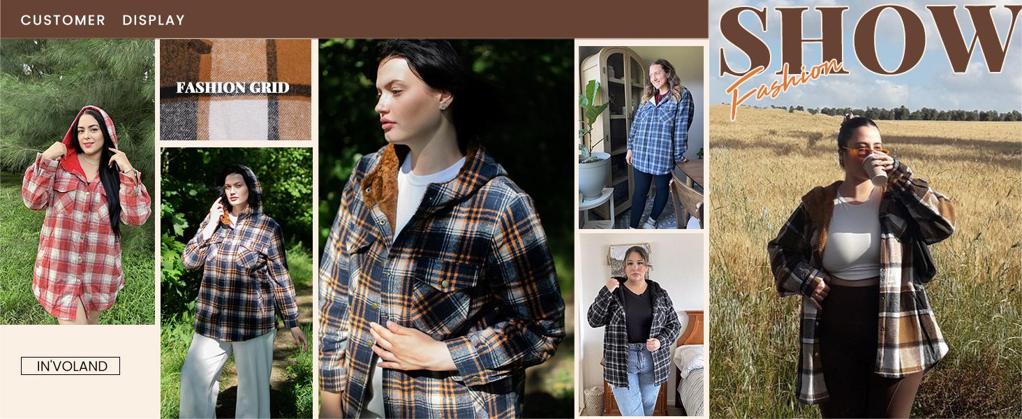 Plus Size Women Flannel Plaid Shacket Jacket Long Sleeve Button Down Fleece Hooded Jackets Fall Winter Coat Plus Size Women Flannel Plaid Shacket Jacket Long Sleeve Button Down Fleece Hooded Jackets Fall Winter Coat