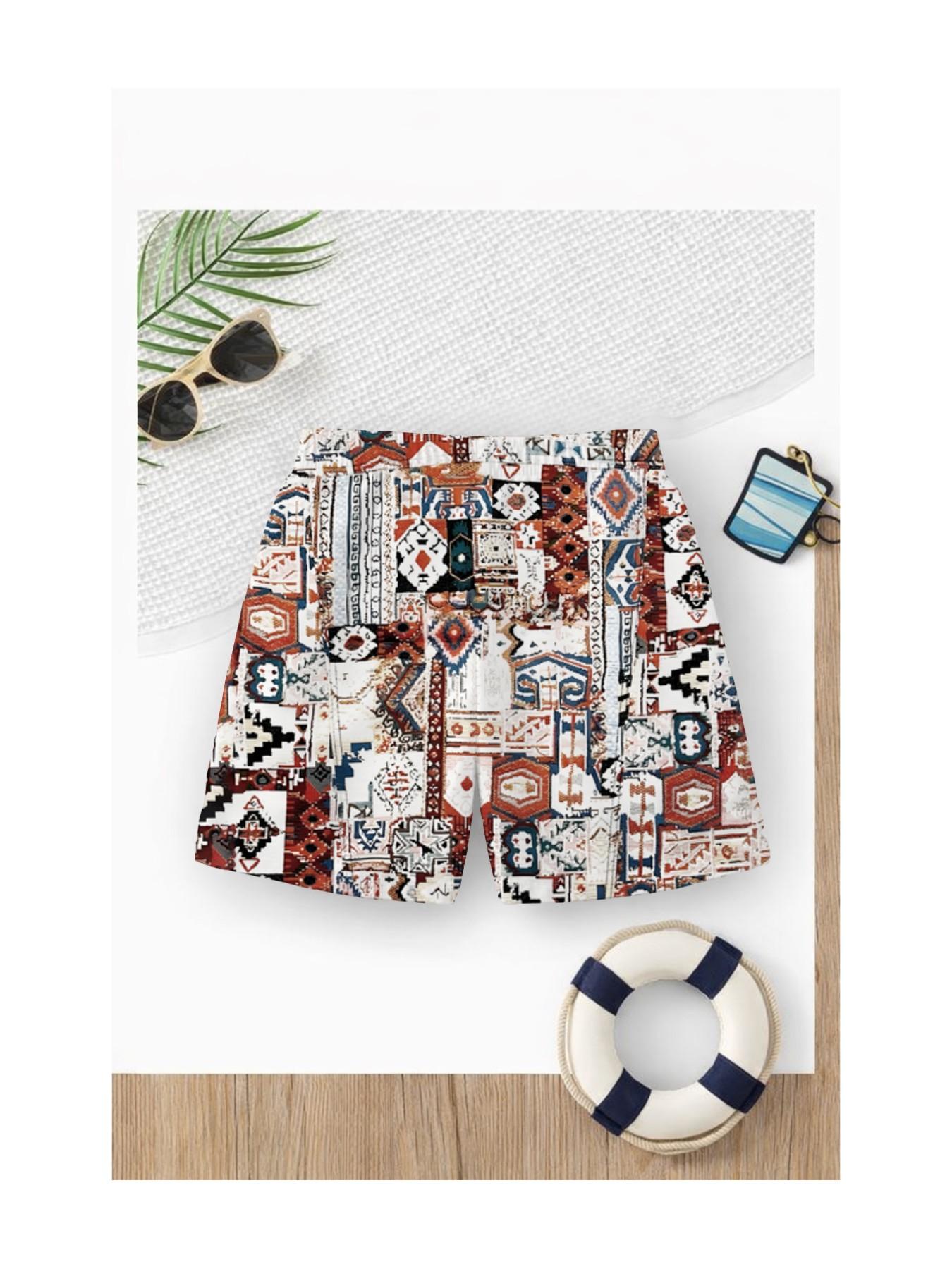 Summer Boys' Bohemian Ethnic Patchwork Drawstring Beach Pants, Kids Retro Loose Fit Coastal Vacation Swim Shorts, Cartoon Pattern