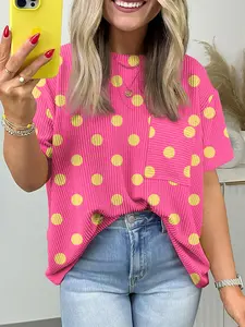 Summer Casual Polka Dot Patch Pocket Twisted Knit Knitwear Short Sleeve Top, Comfortable and Stylish Women's Clothing, Perfect for Warm Weather