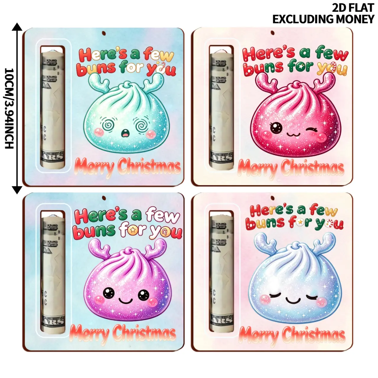 2D FLAT Printed Christmas Ornaments - Festive Money Holder Decor for Holiday Trees - Adorable Cash Gift Card Ornaments with Cute Buns Design - Perfect Christmas Gift for Family, Friends, Sons & Daughters | Ideal for Christmas Stocking Stuffers
