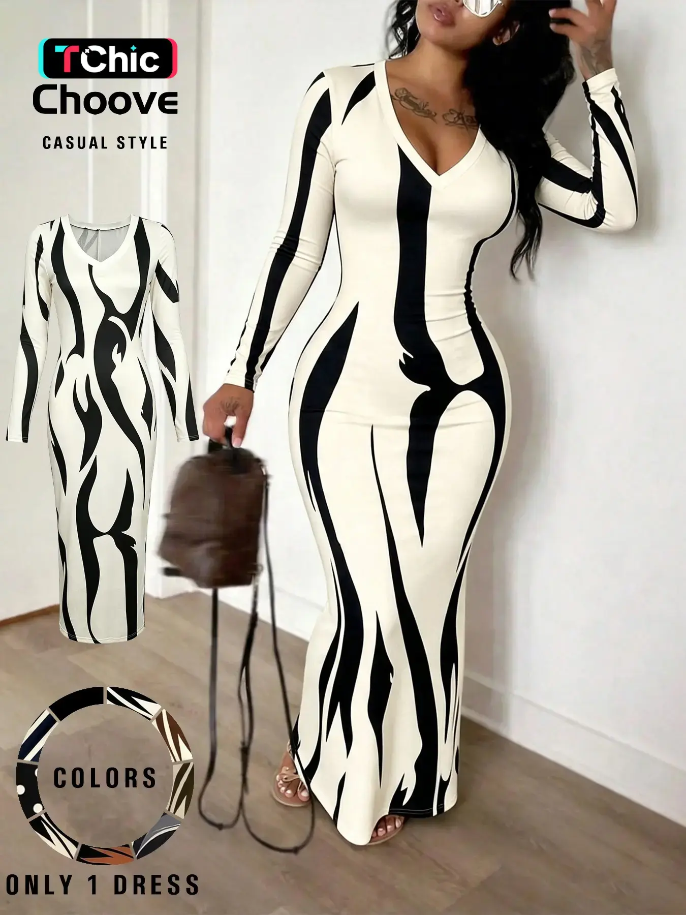 Women's Casual Fitted Printed Long Dress, Fall & Winter Layering Wear, Soft High-Elasticity Fabric