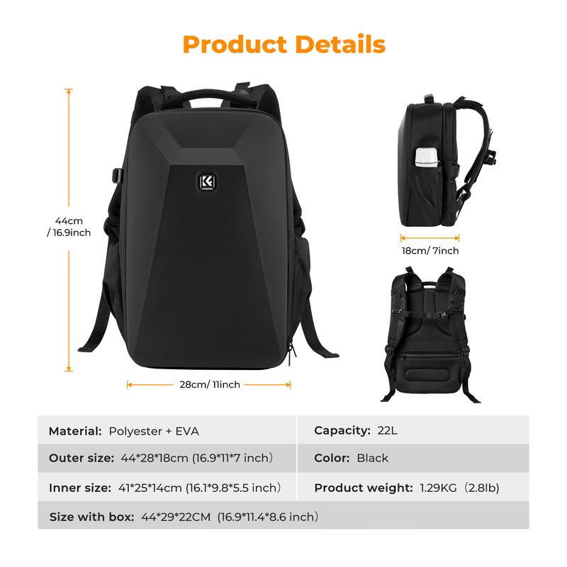 【K&F CONCEPT】Camera Backpack,Hardshell Photography DSLR Camera Bag with 15-15.6 Inch Laptop Compartment Waterproof Hard Shell Camera Case Compatible with Canon/Nikon/Sony/DJI Mavic Drone