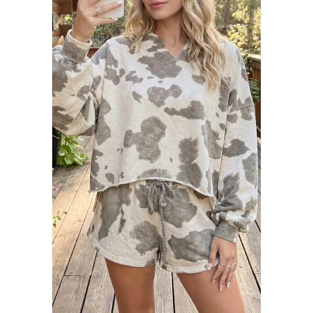 Gray Western Print Raw Hem Long Sleeve Top Drawstring Shorts Set