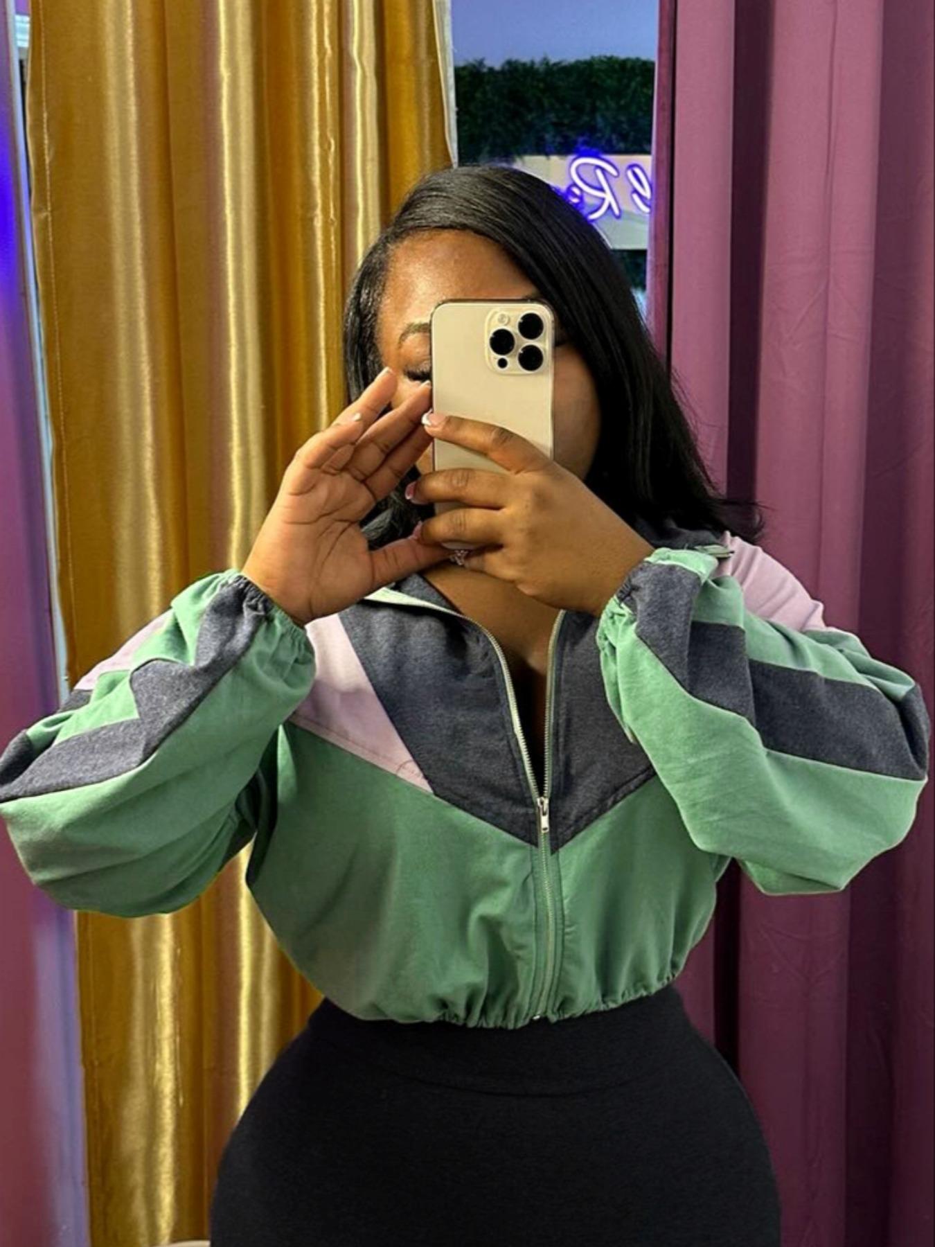 No Pants Included, Women's Patchwork Casual Long Sleeve Jacket, Zipper Drawstring Sportswear, Fitted All Seasons Outerwear, Athletic Jackets, Zip Up Jackets