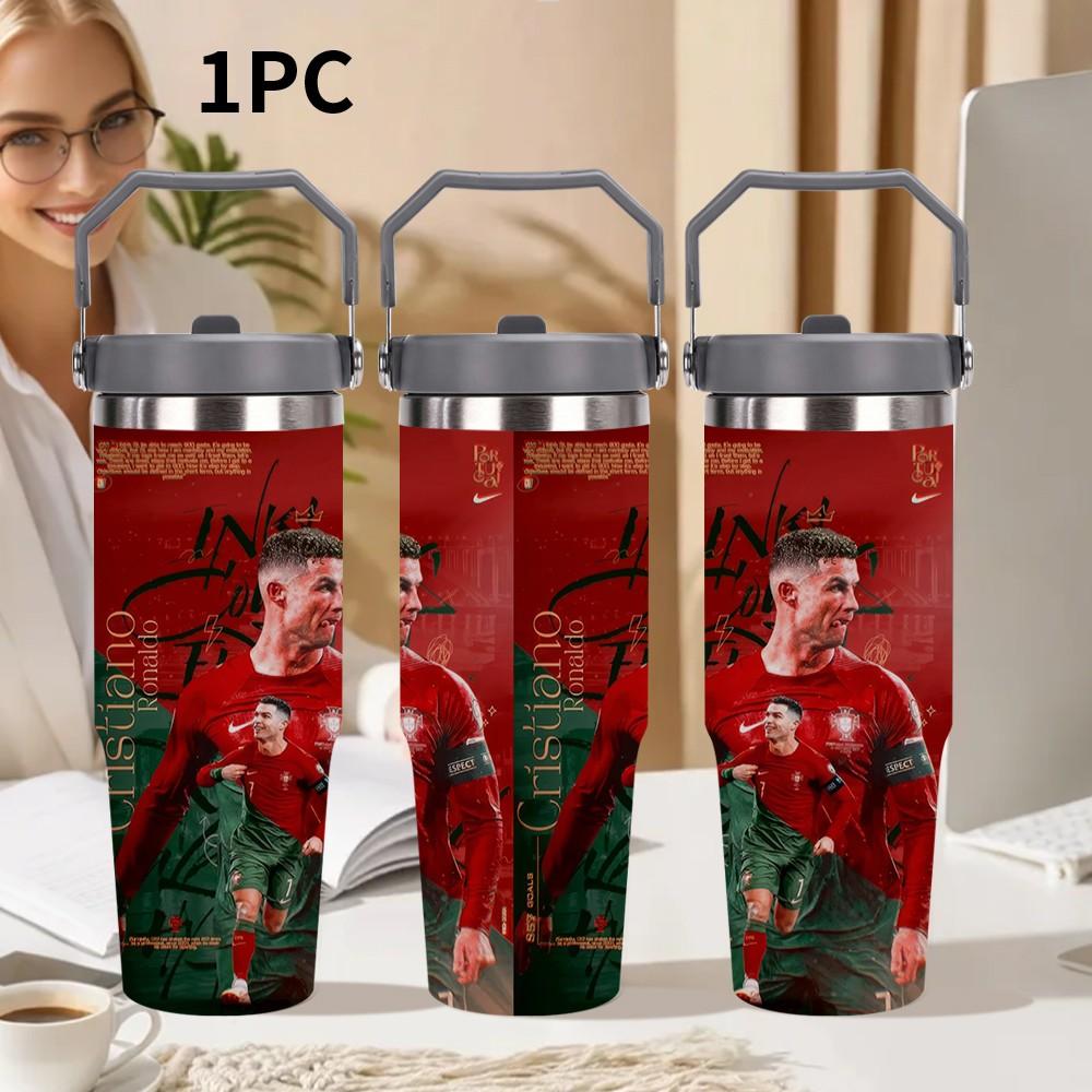1pc C Ronaldo Print Insulated Travel Mug Tumbler, Long-Lasting Heat and Cold Retention, Stainless Steel Thermal Reusable Cup, Ideal for Fishing, Camping, Office