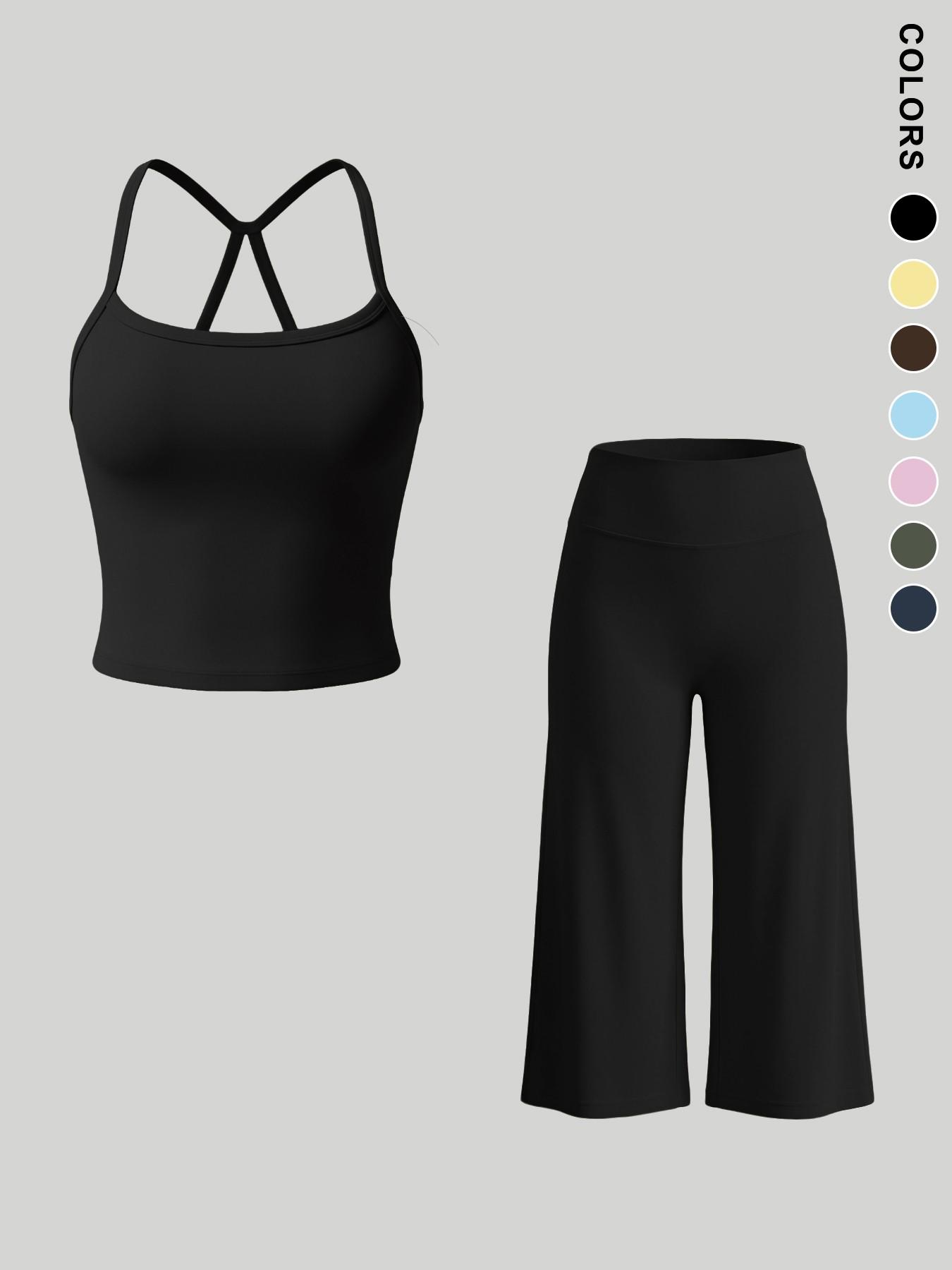 Women's Sporty Fitted Tank Top & High-Waisted Wide-Leg Pants Set, Breathable Solid Color, Ideal for Yoga, Casual Wear, Home Comfort, Athleisure Summer Clothes