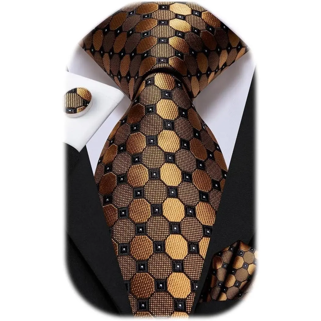 Men's Silk Tie Set – Solid & Paisley Striped Neckties with Cufflinks and Pocket SquareGift