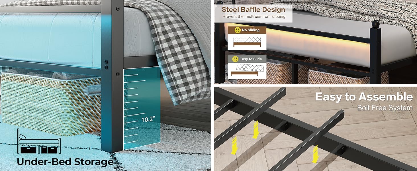 CollaredEagle Twin/Full Bed Frame with Headboard and Footboard,Steel Slats Support-LED Bed Frame with USB Charging Station,Mattress Foundation-Under Bed Storage,No Box Spring Needed,Noise Free.