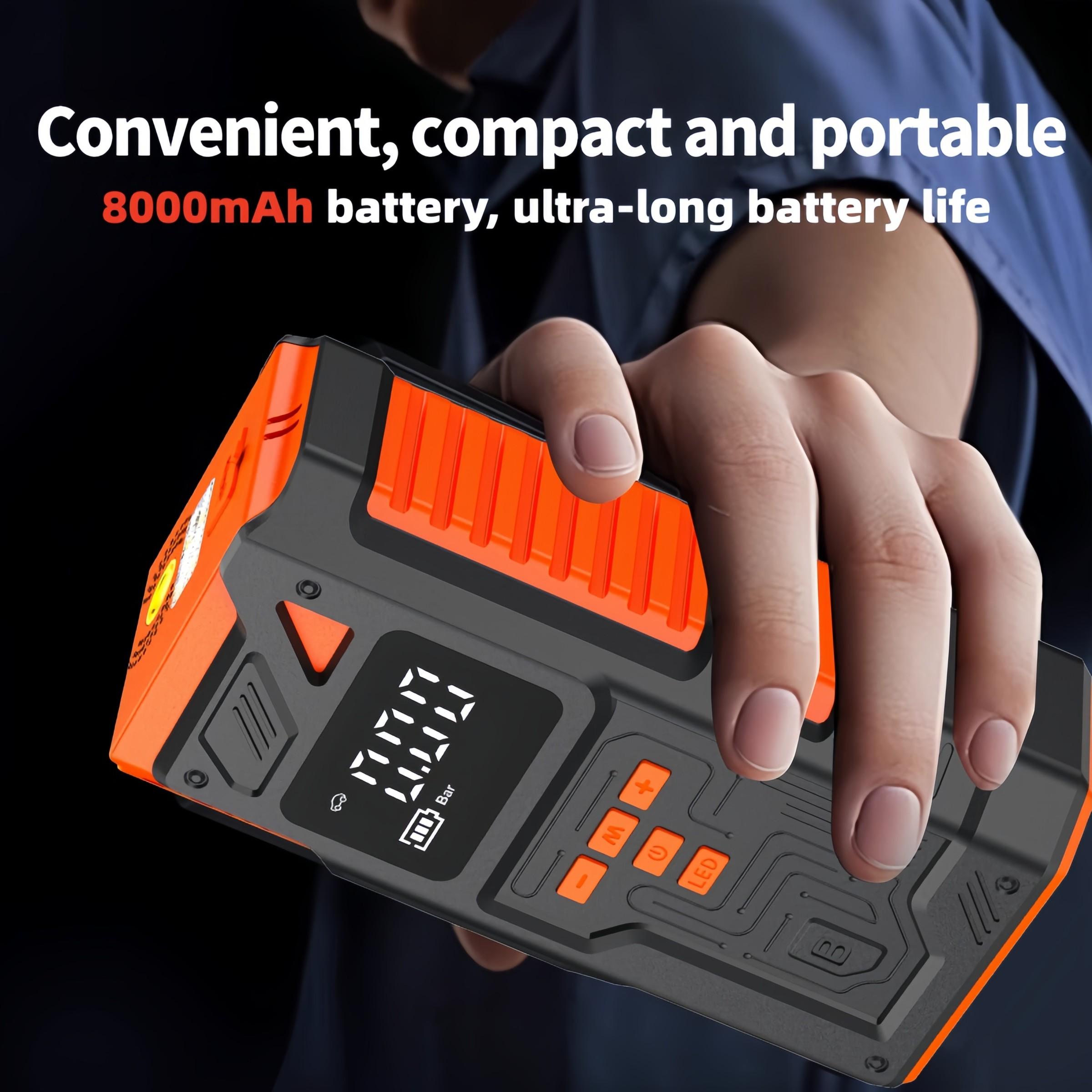10-in-1 Wireless Car Repair Tools (including 180 PSI air compressor and 12/24V battery boost starter, 8000mAh battery pack, tire pressure monitor, flashlight, equipped with intelligent jumper connector and inflation accessories)，Intelligent jumping box.