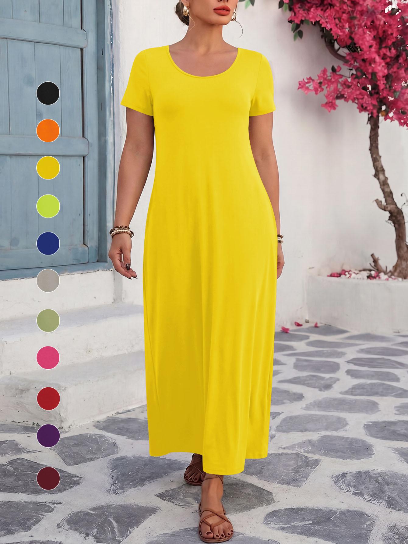 ✨ Plus Size Women's Solid Minimalist Short Sleeve Round Neck Dress, Loose Straight Long Fat Hiding Casual Maxi Dress, Casual Wear