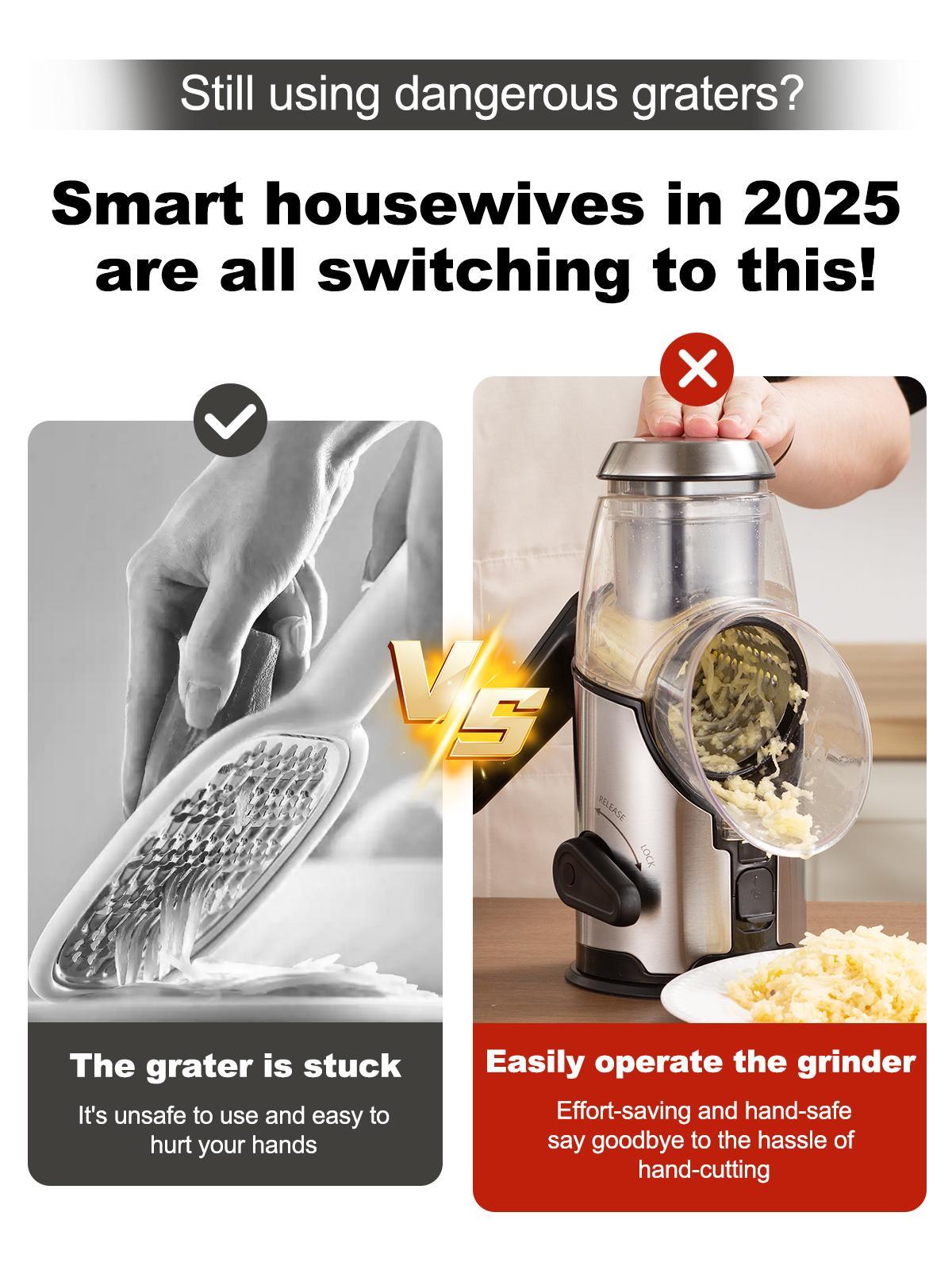 Kitchen Rotary Cheese Grater with Handle -Mandoline Slicer with 3 Stainless Steel DrumBlades-Vegetable Slicer Walnuts Grinder Cheese ShredderRound Mandoline with Peeler, Christmas Gift in Black Friday