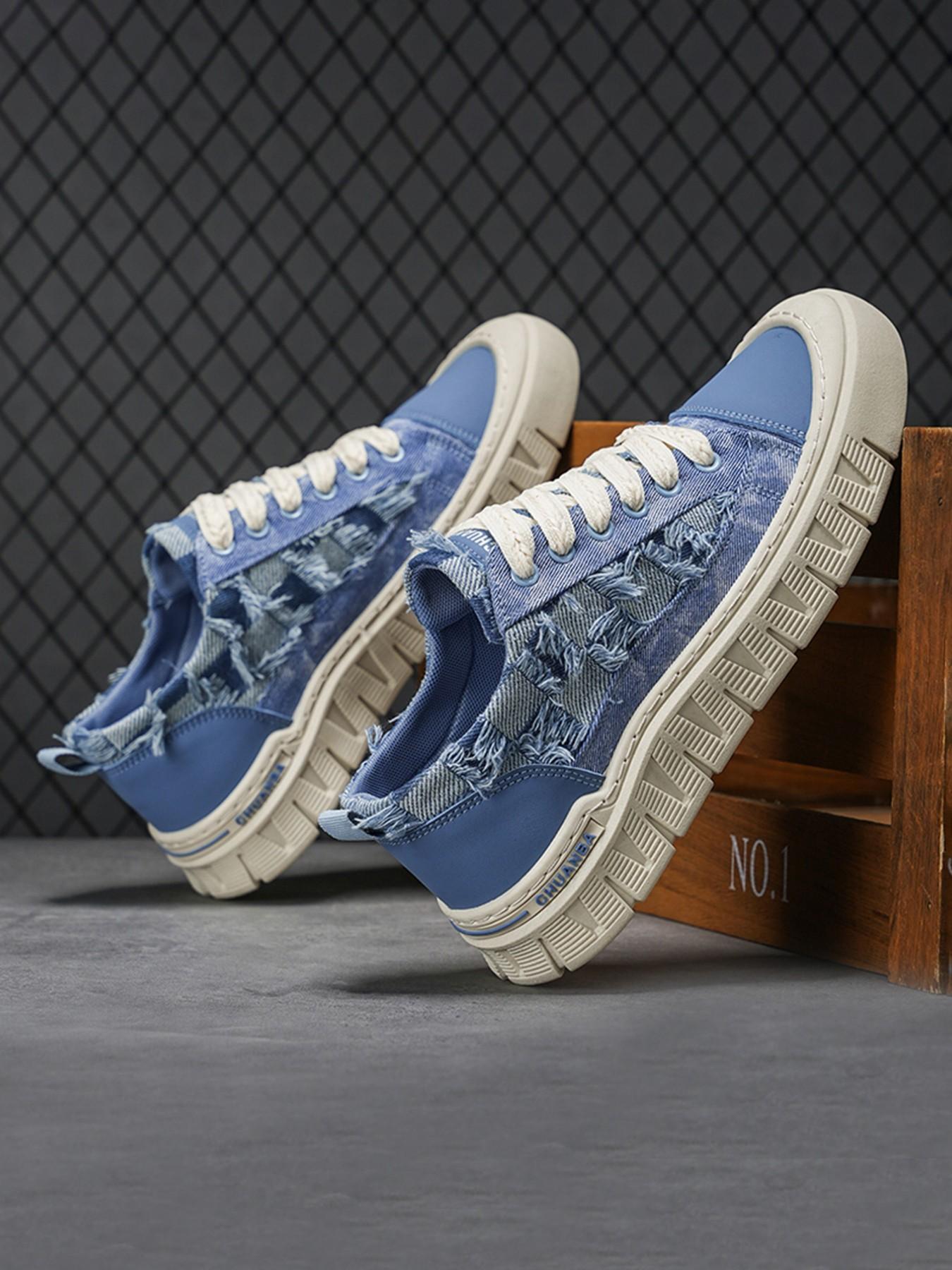 2026 Spring Summer New Denim Edge Thick Sole Sneakers, Vintage Washed Fringe Design, Hemp Rope Laces, Casual Canvas Shoes