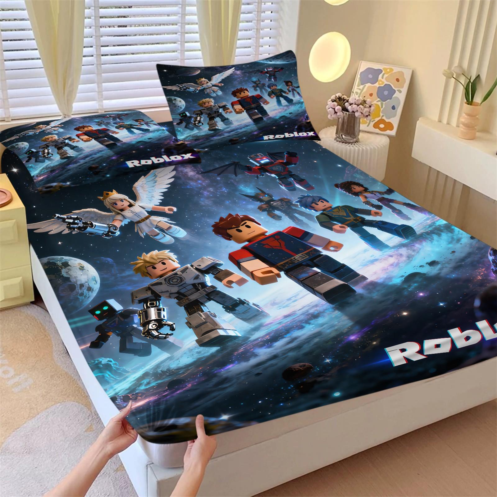 3-Piece Roblox Pattern Bedding Set, Includes 1 Fitted Sheet & 2 Pillowcases, Comfortable Durable Bed Linen, Non-Slip for Bedroom, Kids Gift, Soft Bedding Sets