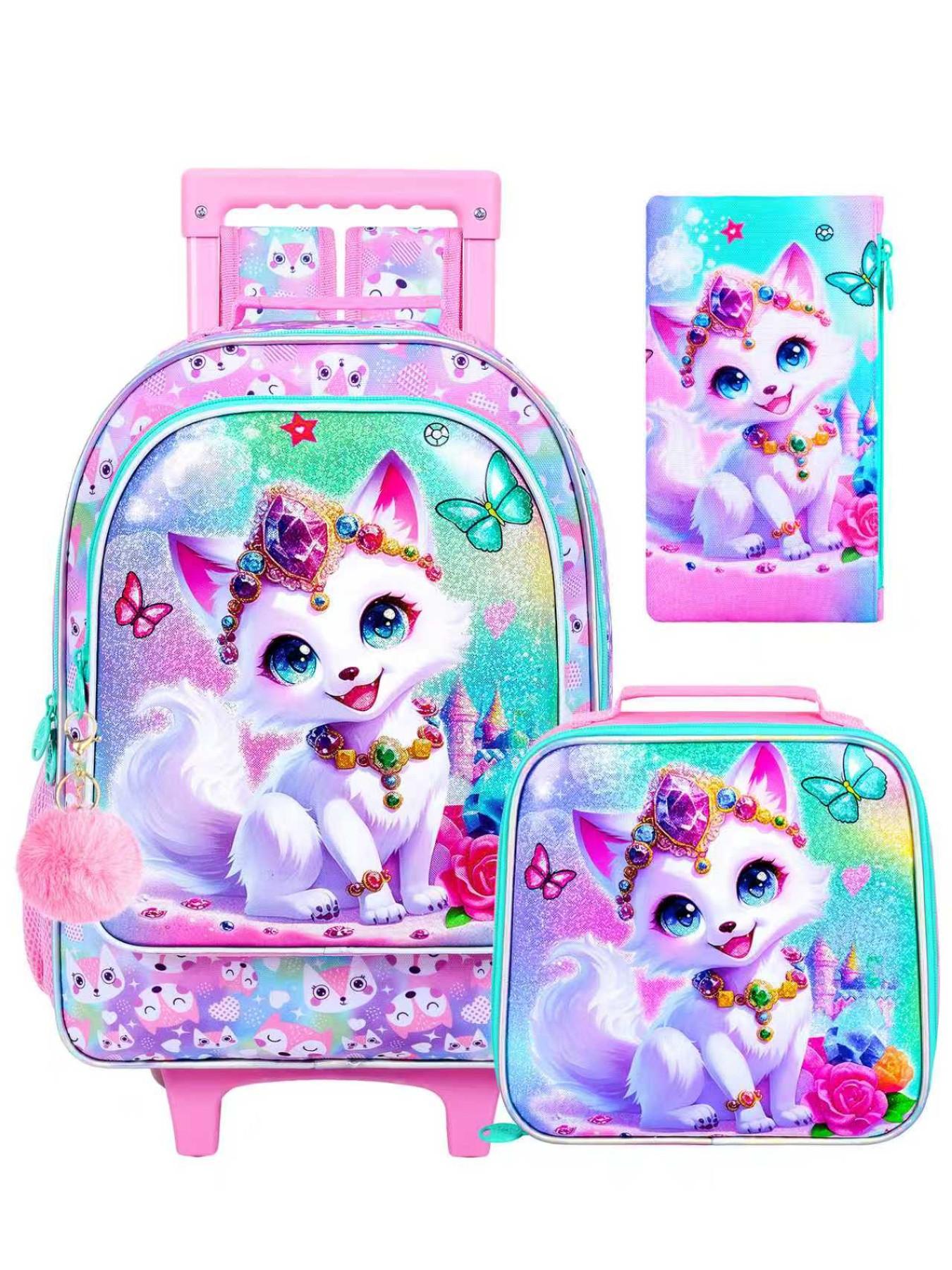 Girls' Rolling Backpack Set, Fox Pattern School Bag with Wheels, School Backpacks, Rolling Bookbag and Lunch Box for Preschool (white)