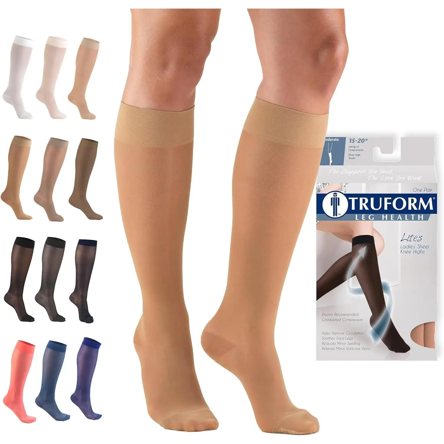 Truform Women's Sheer Knit Calf-High Dress Nylon Compression Stockings (15-20 mmHg) with Silicone Stay-Up Top, Knit-In Heel, for Adults' Travel, Edema & DVT Support, Muscle Recovery