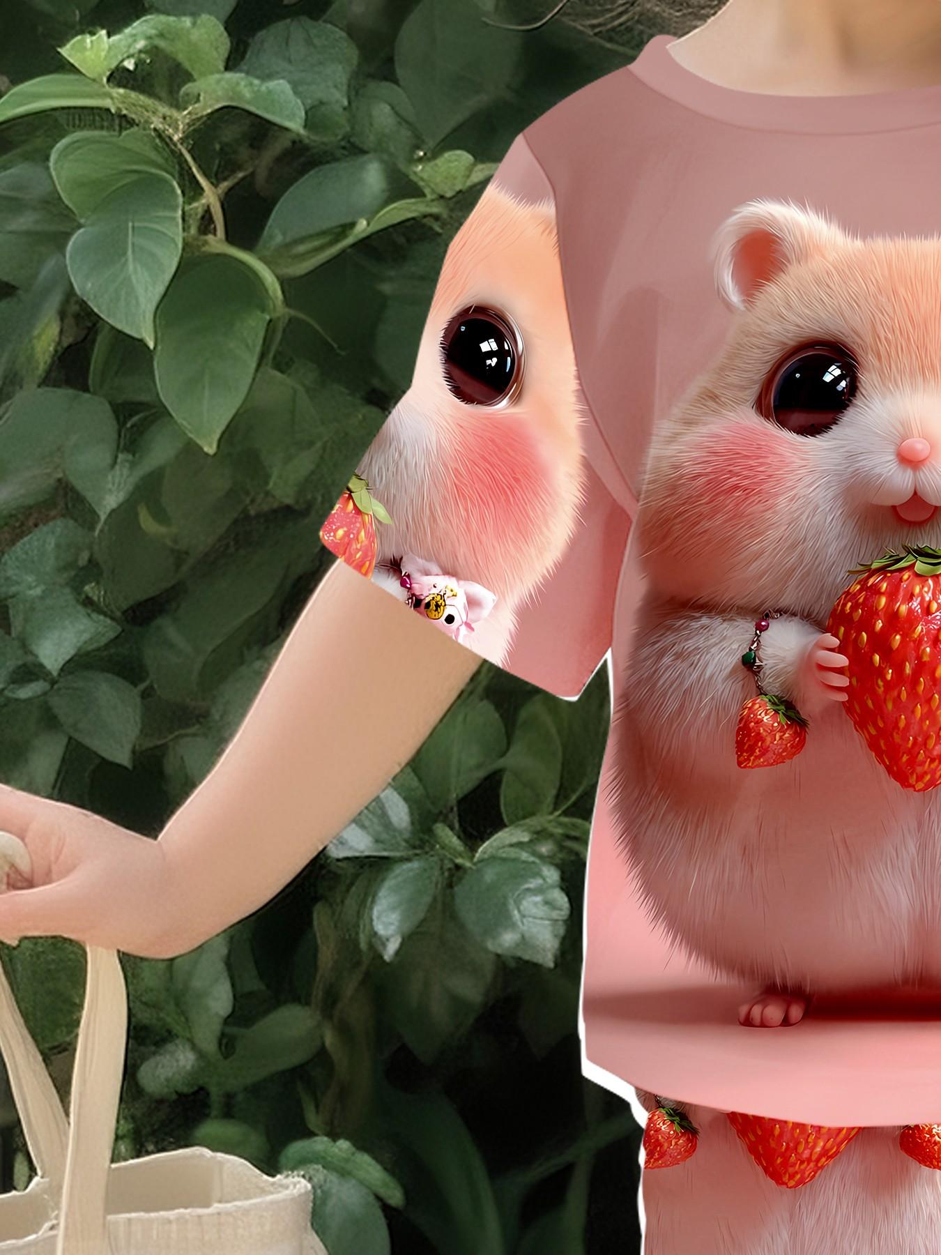 Strawberry Cute Mouse Sweet Fun Girls' Baby Set with Digital Printing, 100% Polyester Baby Short Sleeve Set, Adorable Casual Clothing for Baby Girls, T-Shirt Suitable for Daily and Outdoor Sports, Perfect Gift for Infants