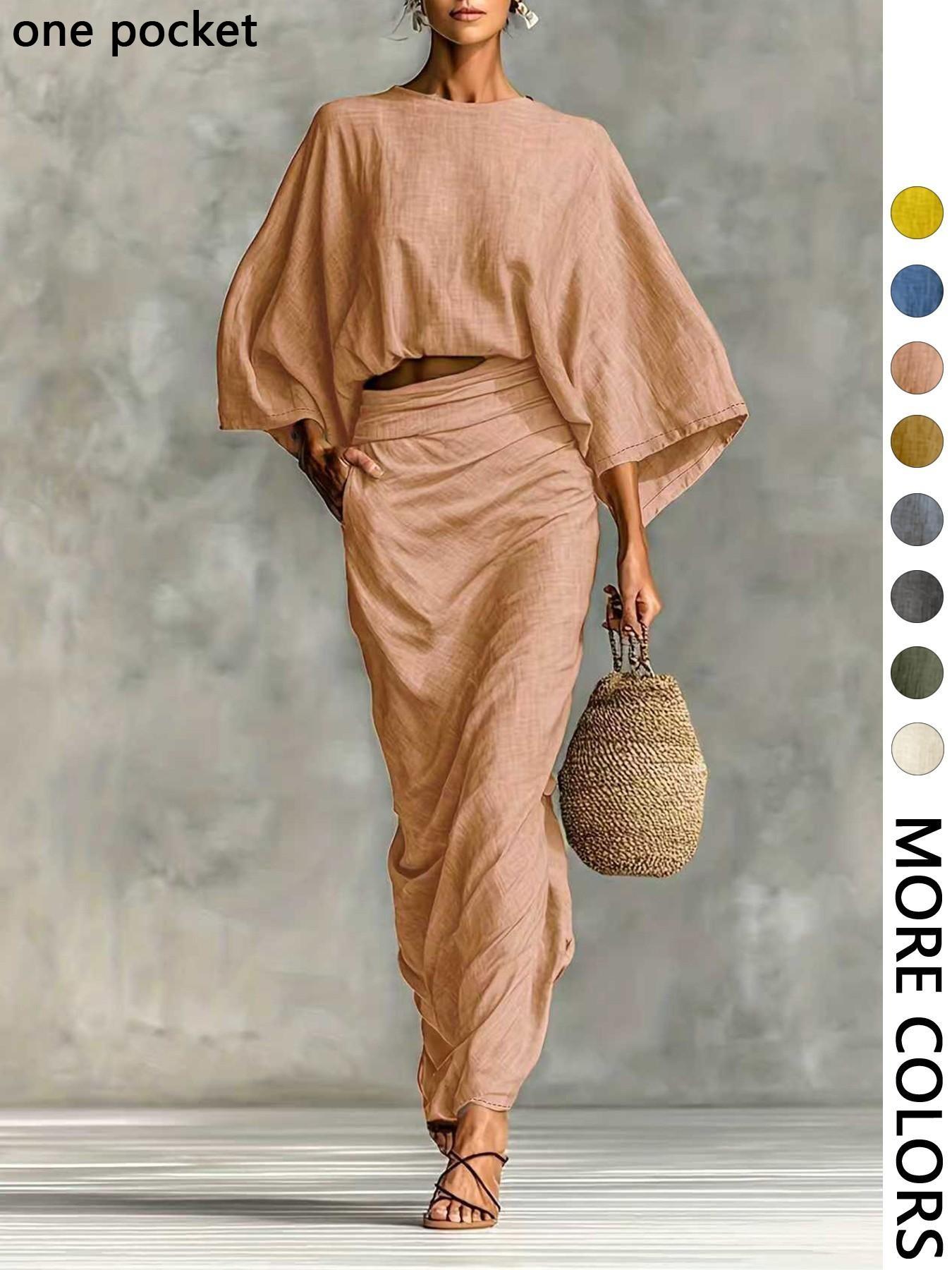 Women's Stylish Loose-Fitting Casual Two-Piece Set, Spring & Fall Comfortable Long Skirt with Waist Definition and Pocket one pocket Women's Stylish Loose-Fitting Casual Two-Piece Set, Spring & Fall Comfortable Long Skirt with Waist Definition and Pocket one pocket