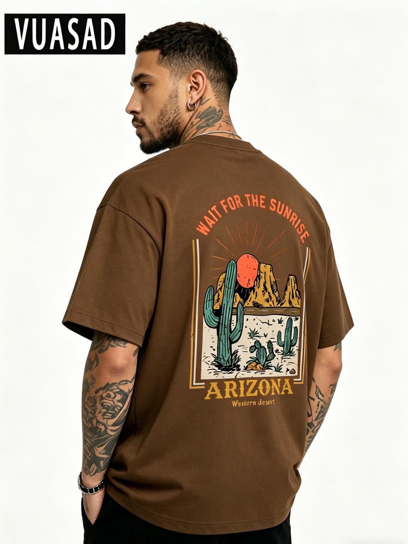 Men's Desert Cactus Landscape Casual Short Sleeve T-Shirt, Vintage Washed Style, Loose-Fit Pure Cotton Top, Daily Wear